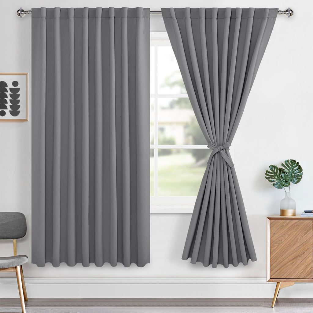 Hiasan Grey Curtains 63 inch Long Sewn with Tiebacks, Rod Pocket & Back Tab Gray Blackout Thermal Insulated Drapes, Room Darkeni
