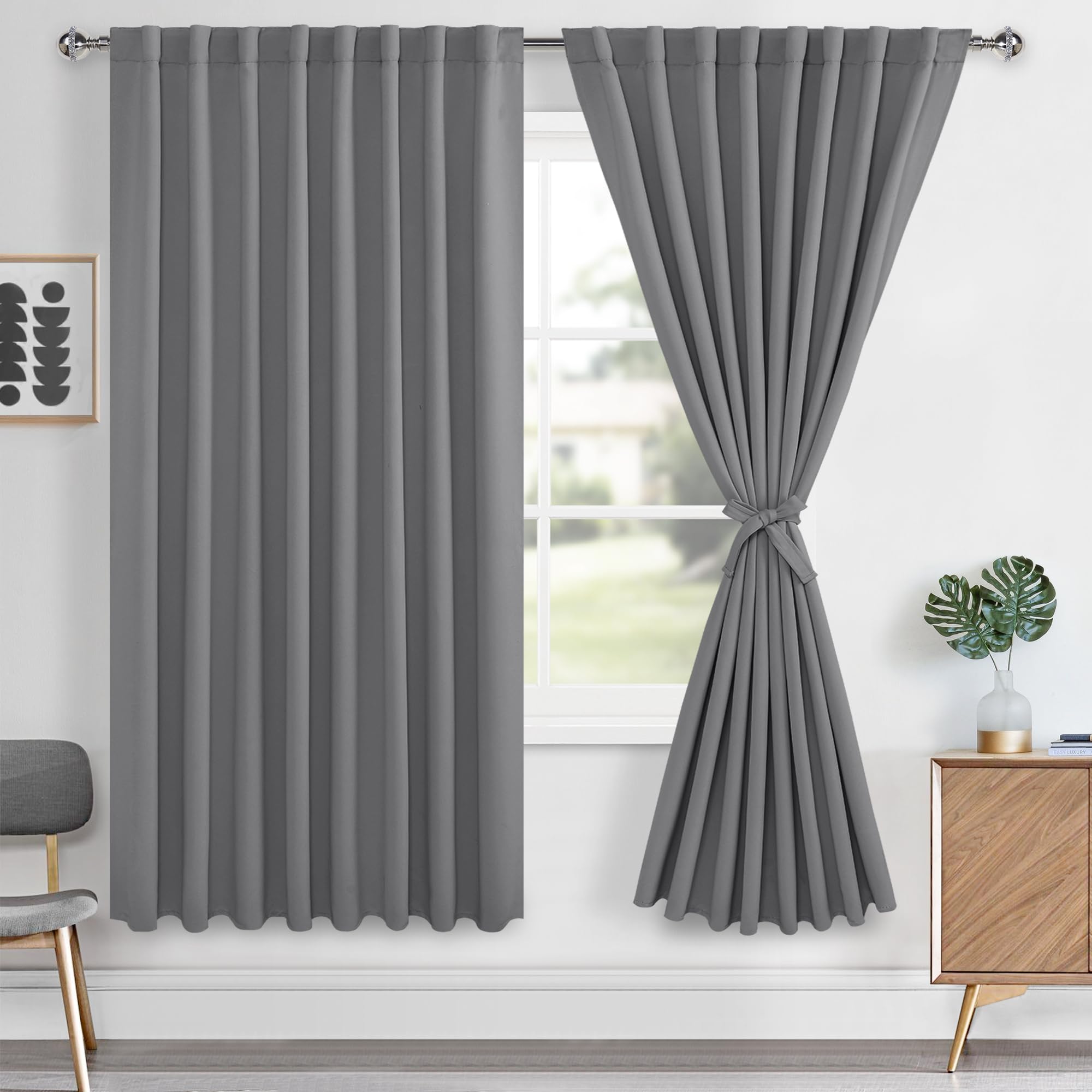 Hiasan Grey Curtains 63 inch Long Sewn with Tiebacks, Rod Pocket & Back Tab Gray Blackout Thermal Insulated Drapes, Room Darkeni