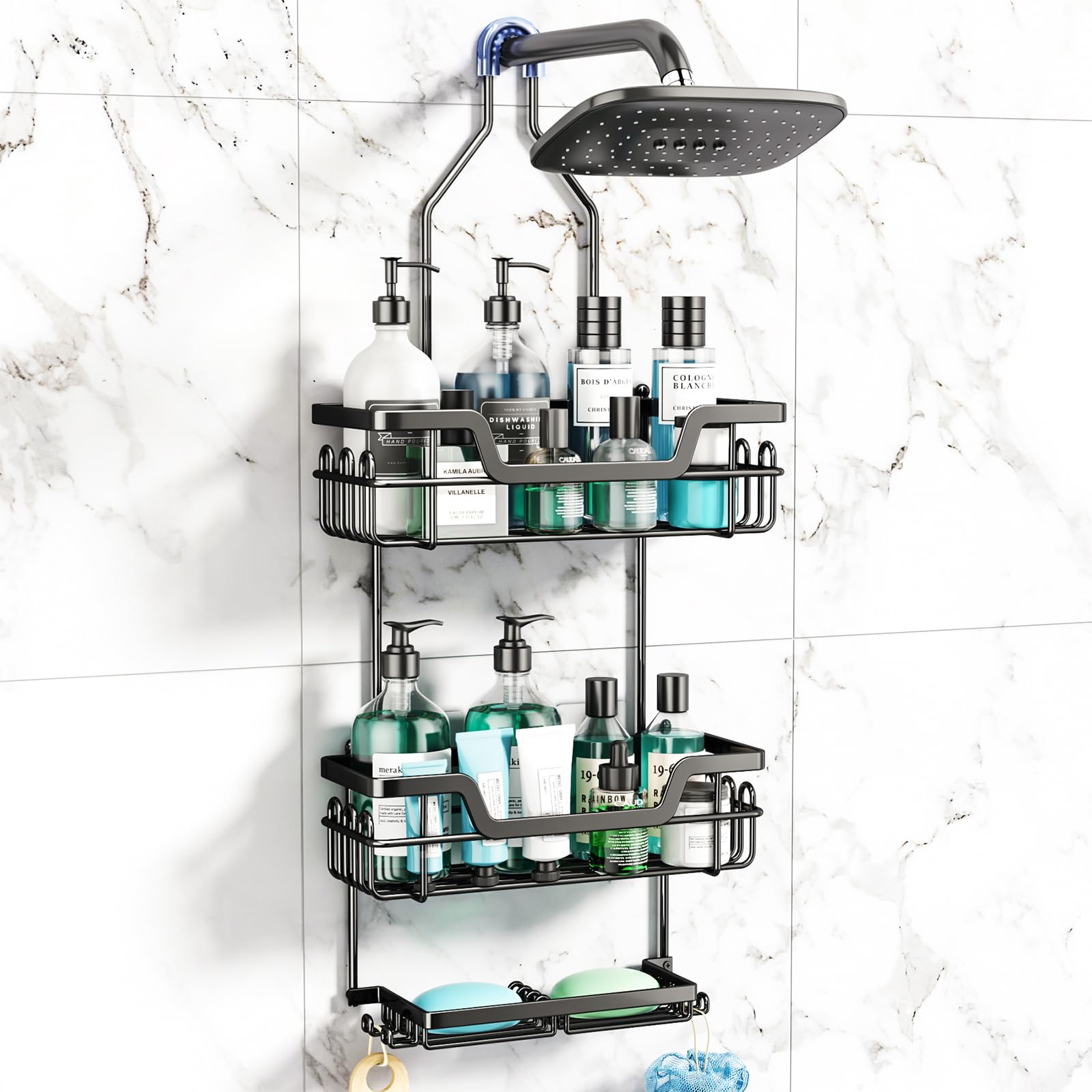 SWTYMIKI 3 Tier Rustproof Hanging Shower Caddy with 16 Hooks & Dual Soap Holder, Large Capacity Over Shower Organizer for Bathro