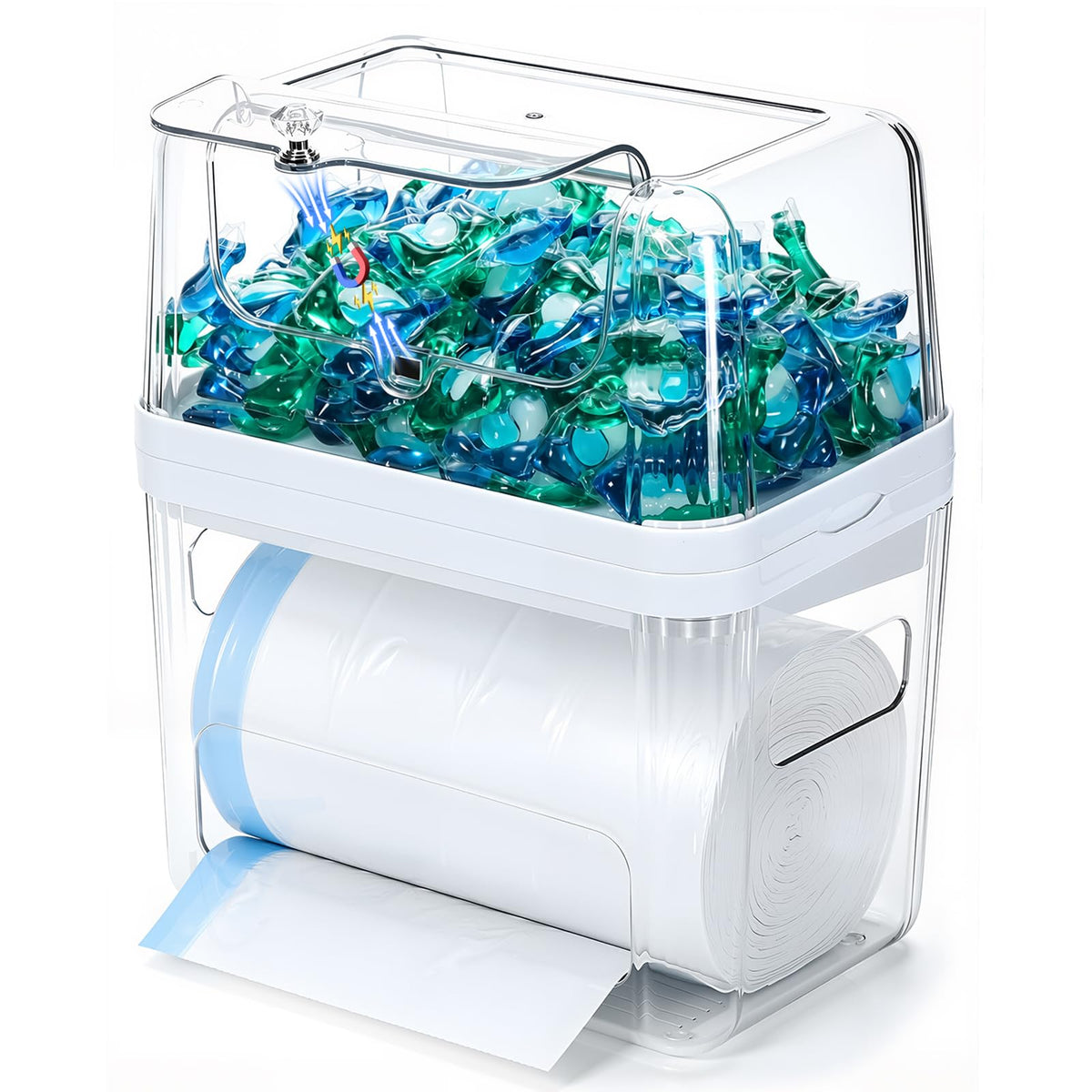 Trash Bag Dispenser & Dishwasher Pod Holder, 3in1 Trash Bag Holder Laundry Pods Container with MoistureProof Lid, Acrylic Gar