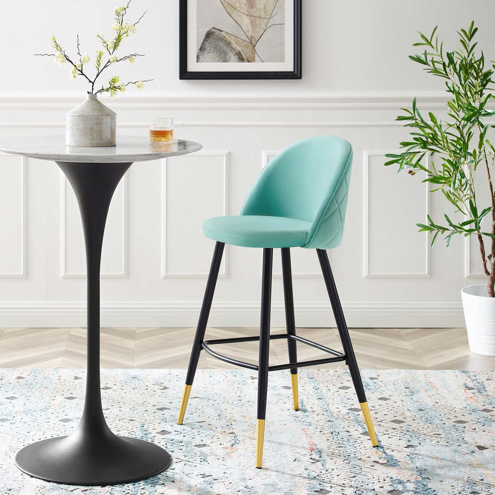 Modway Cordial Performance Velvet Dining Bar Stools in Mint - Set of 2