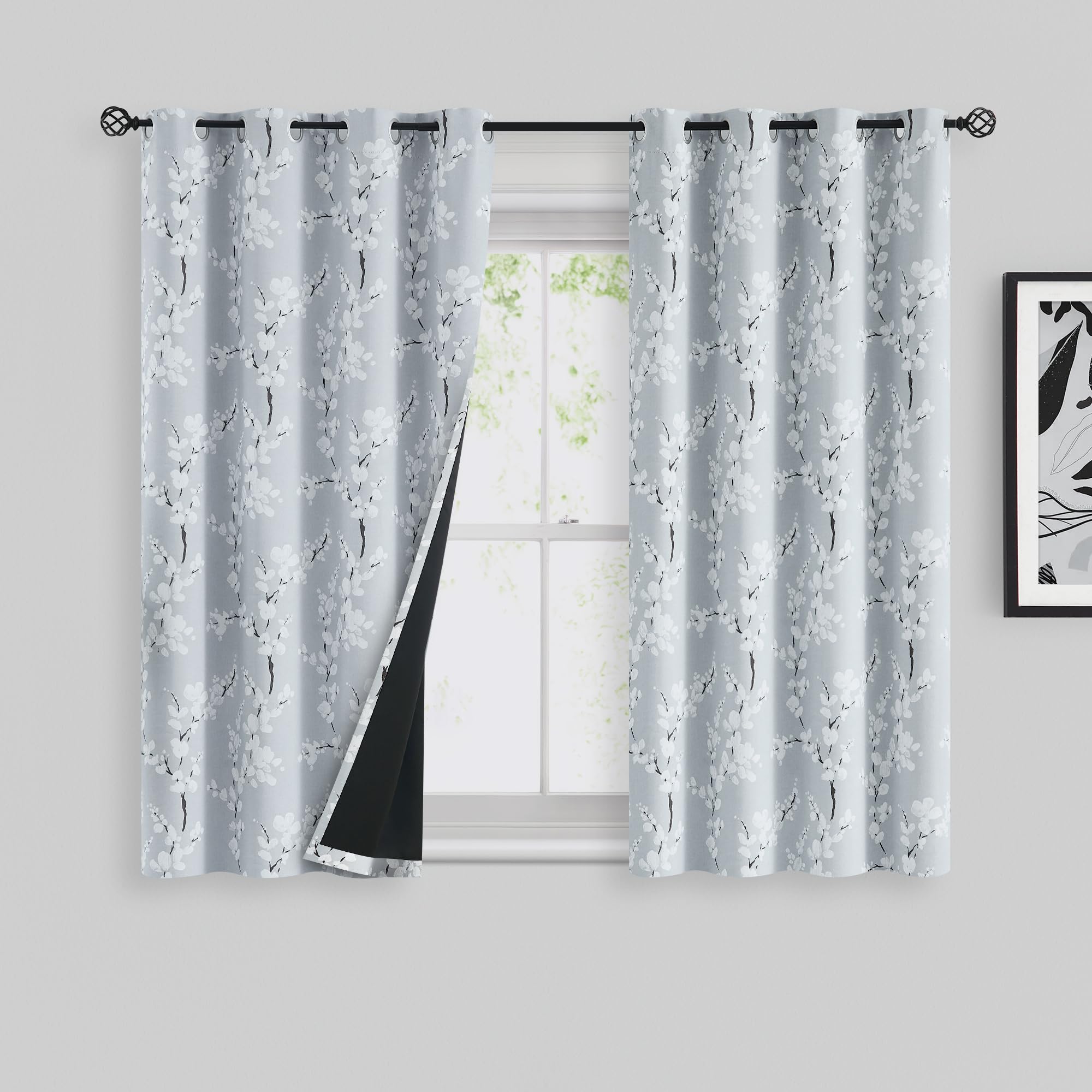 FMFUNCTEX 100% Blackout Floral Curtains for Bedroom, Grey Curtains 54 inch Length Blossom Flower Patterned for Living Room,Therm