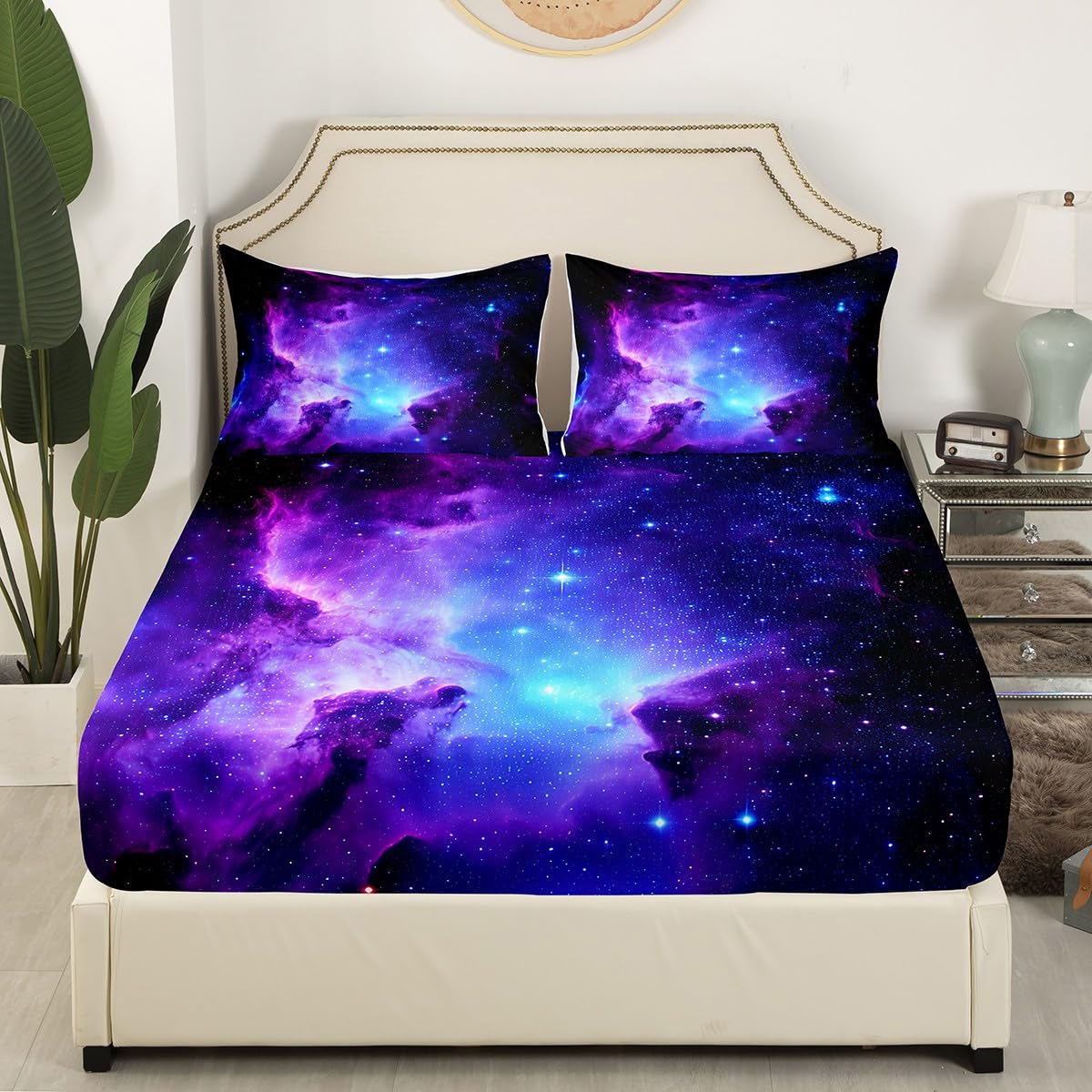 Galaxy Bedding Set Kids Girls Full Bed Sheets Outer Space Universe Starry Sky Sheet Set Teens Women Ultra Soft Purple Stars Decor Deep Pocket Fitted Sheet+ Flat Sheet + Pillow Case
