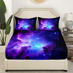 Galaxy Bedding Set Kids Girls Full Bed Sheets Outer Space Universe Starry Sky Sheet Set Teens Women Ultra Soft Purple Stars Decor Deep Pocket Fitted Sheet+ Flat Sheet + Pillow Case