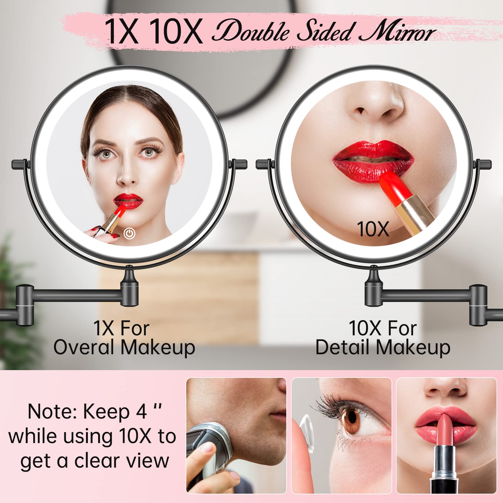 Fascinate Rechargeable Wall Mounted Lighted Vanity Mirror 8 Inch 1X/10X Magnifying Makeup Mirror With 3 Color Lights, Double Sid