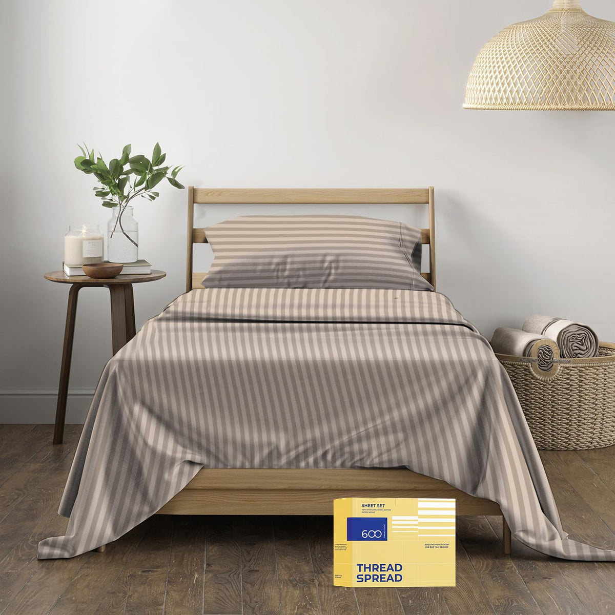 Thread Spread Egyptian Cotton Sheets Twin Xl Size - 600 Thread Count 3 Pc Damask Sheets Deep Pockets, Sateen Weave College Dorm