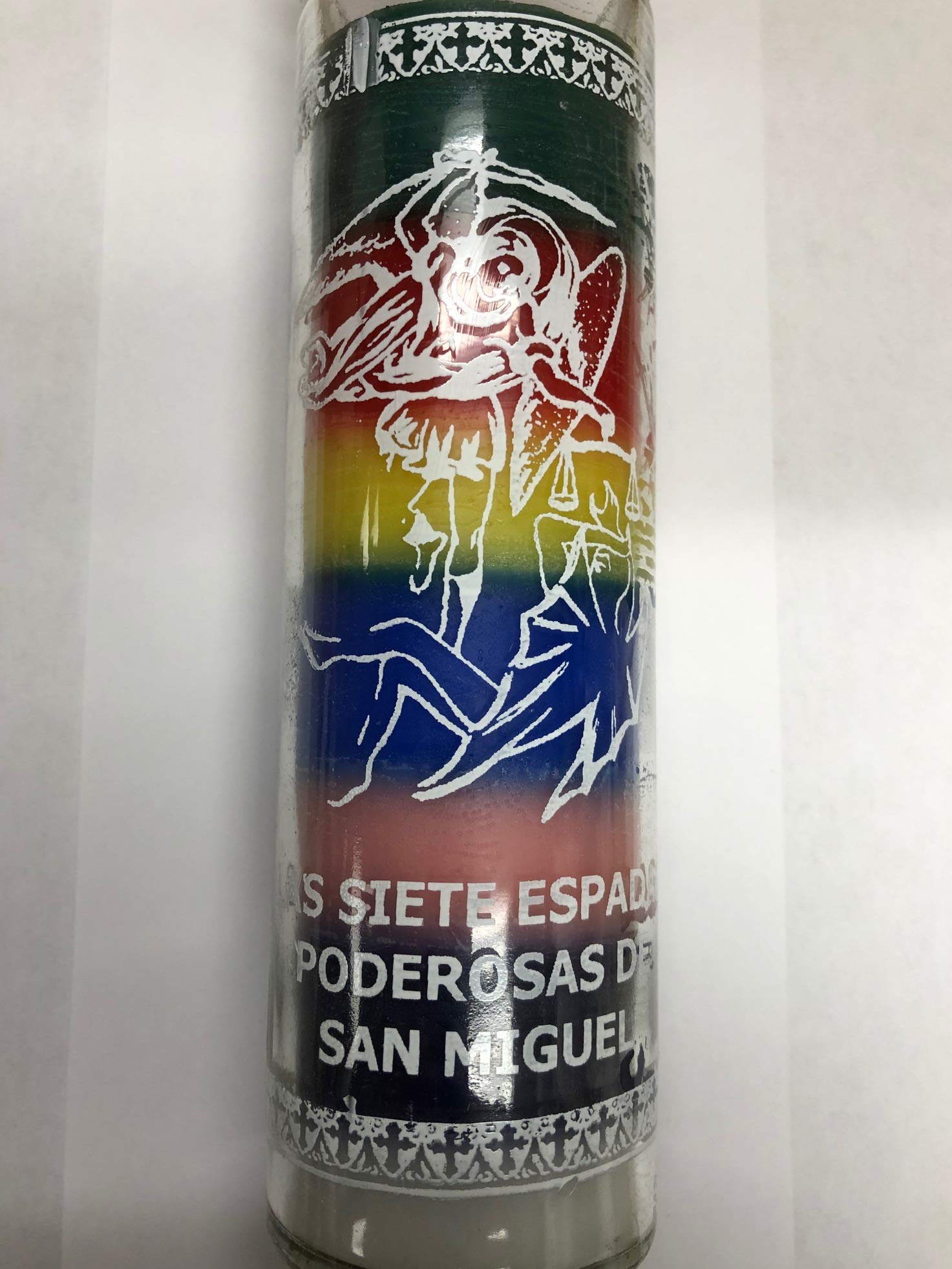Saint Michael The Archangel (Las Siete Espadas Poderosas De San Miguel) 7 Day 7 Color Unscented Candle in Glass.