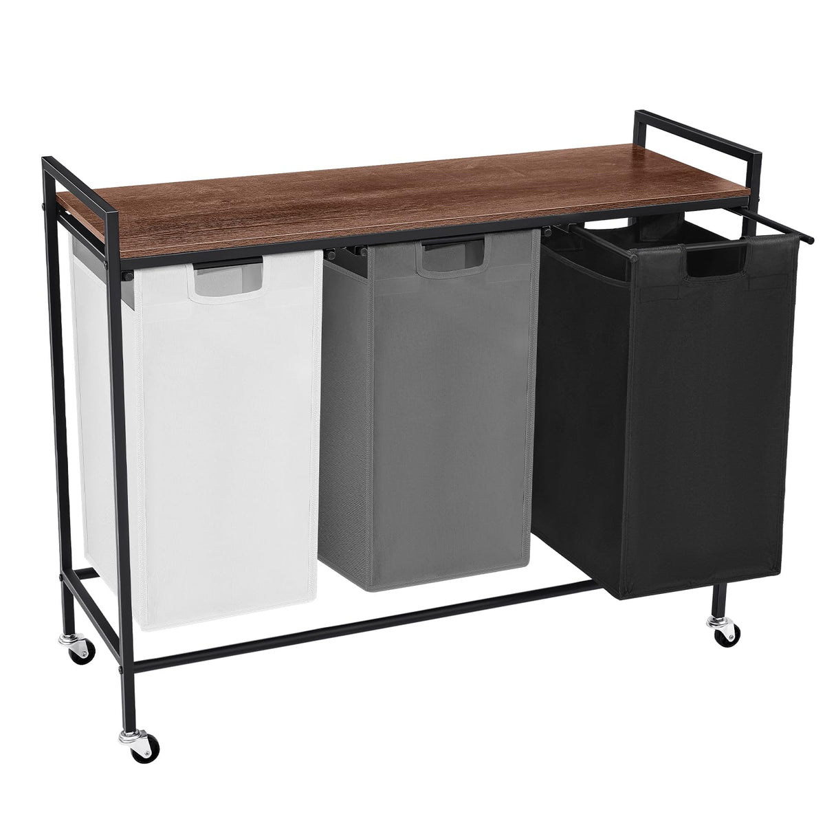 Laundry Sorter 3 Section, Rolling Laundry Hamper with Shelf, 3 Compartment Laundry Basket with Lid, Organizer Rustic Wooden Top 