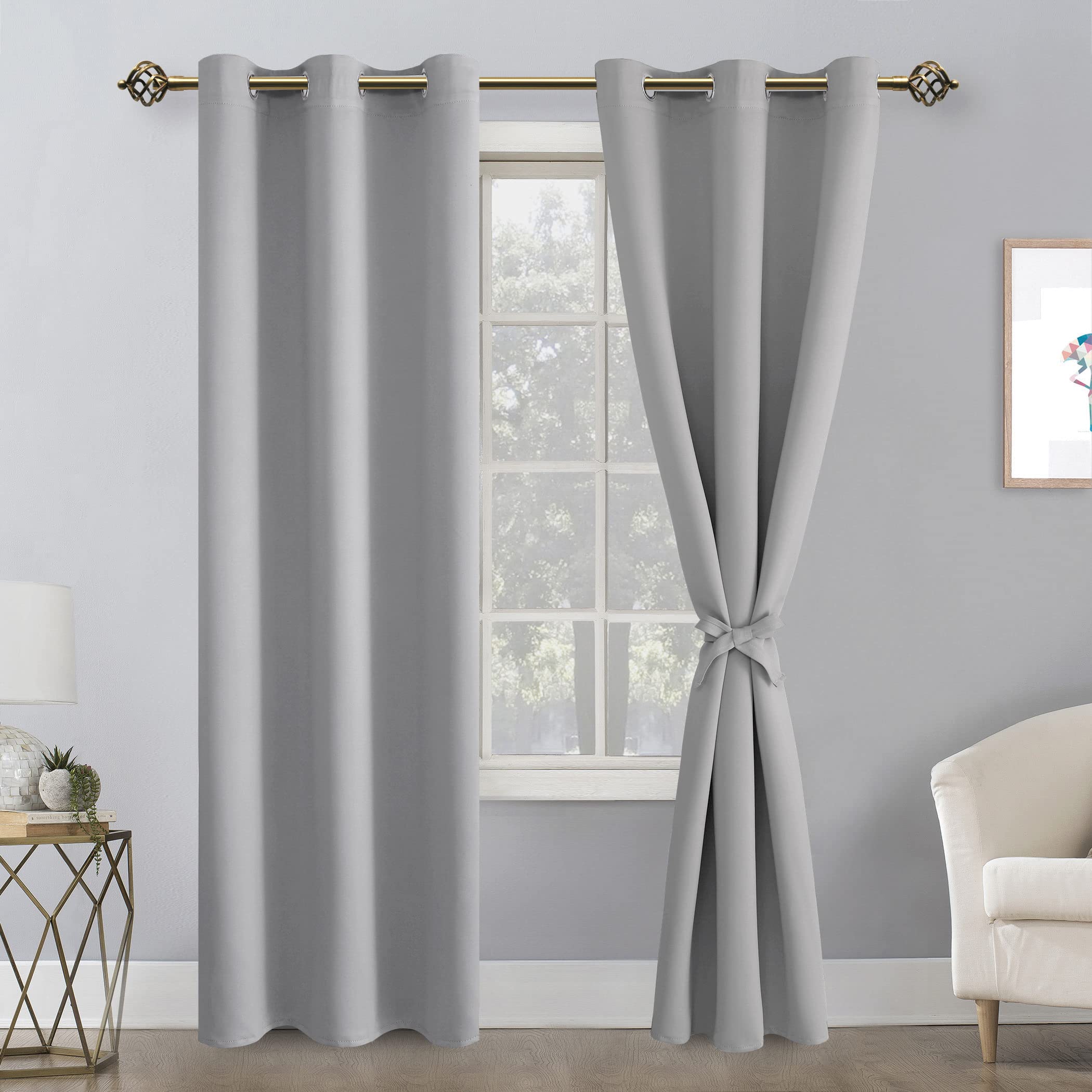 Hiasan Blackout Curtains For Bedroom, 42 X 84 Inches Long - Thermal Insulated & Light Blocking Window Curtains For Living Room, 2 Drape Panels Sewn With Tiebacks, Silver Grey