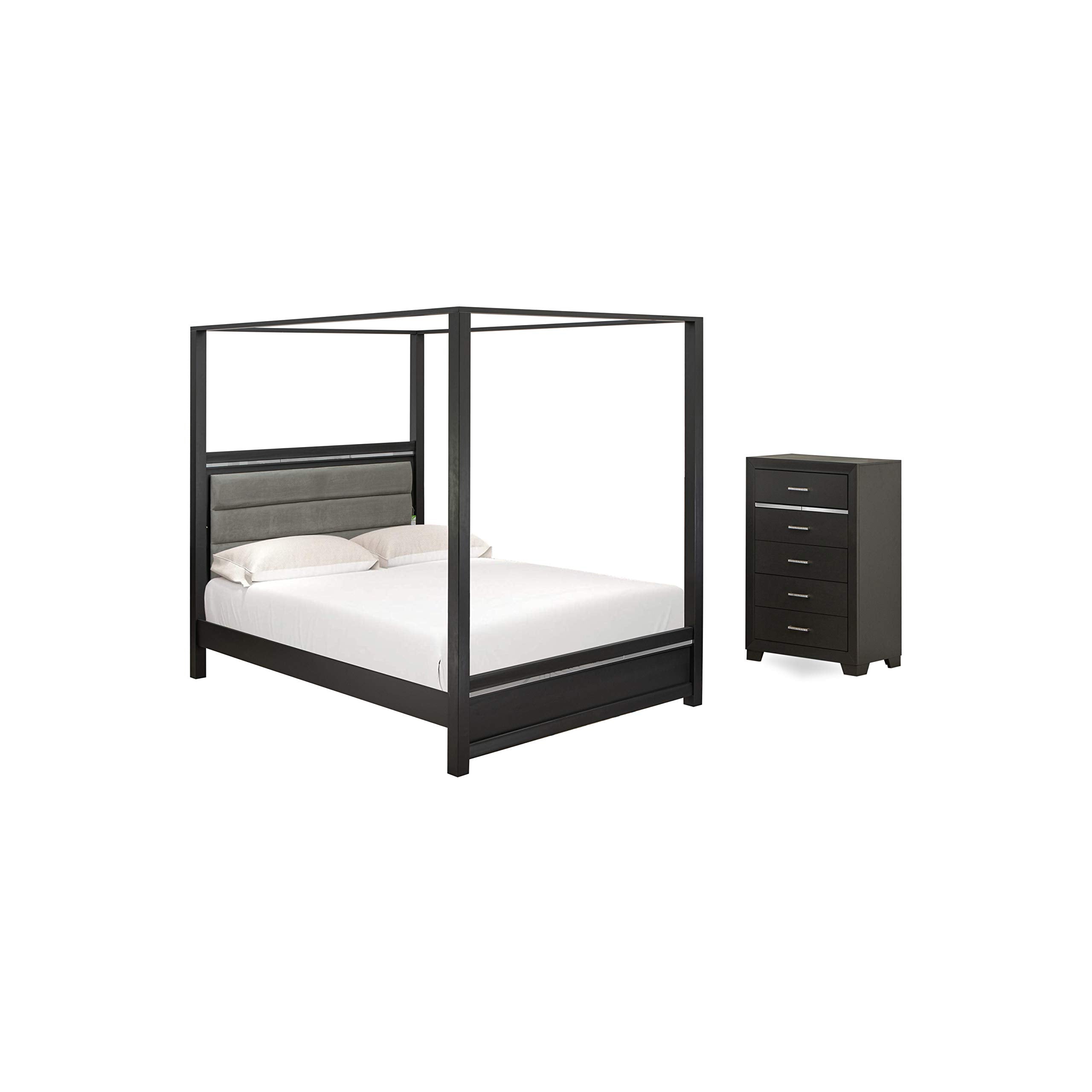 East West Furniture 2-Piece Denali Modern Wooden Bedroom Set-Adjustable LED Lighting Headboard Queen Size Bed and a Small Chest of Drawers, Brush Gray