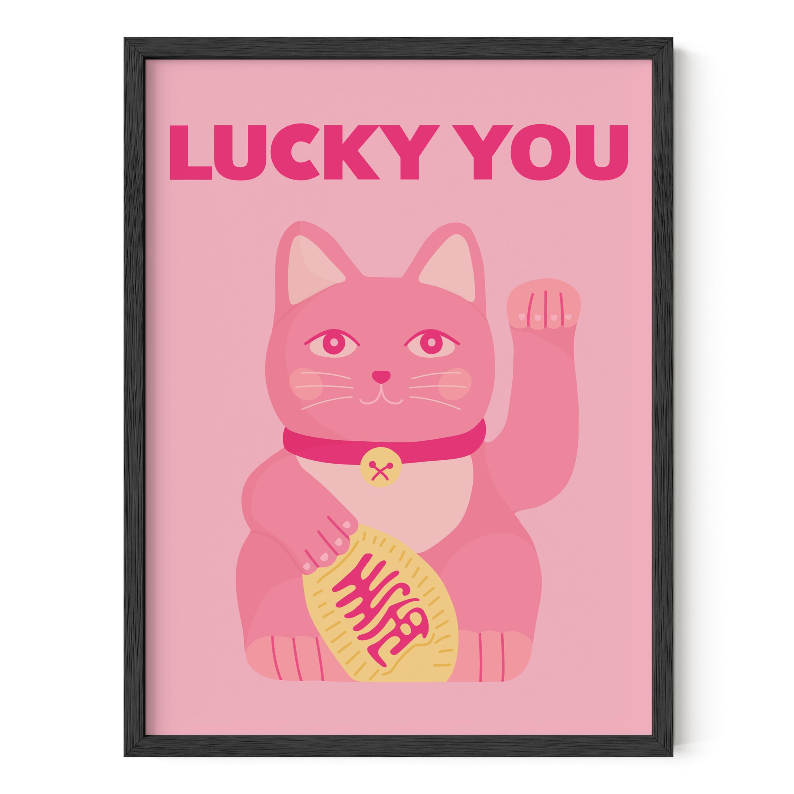 HAUS AND HUES Pink Wall Art - Lucky You Pink Anime and Japenese Cat Posters for Wall, Cat Wall Art Pink Posters for Room Aesthet