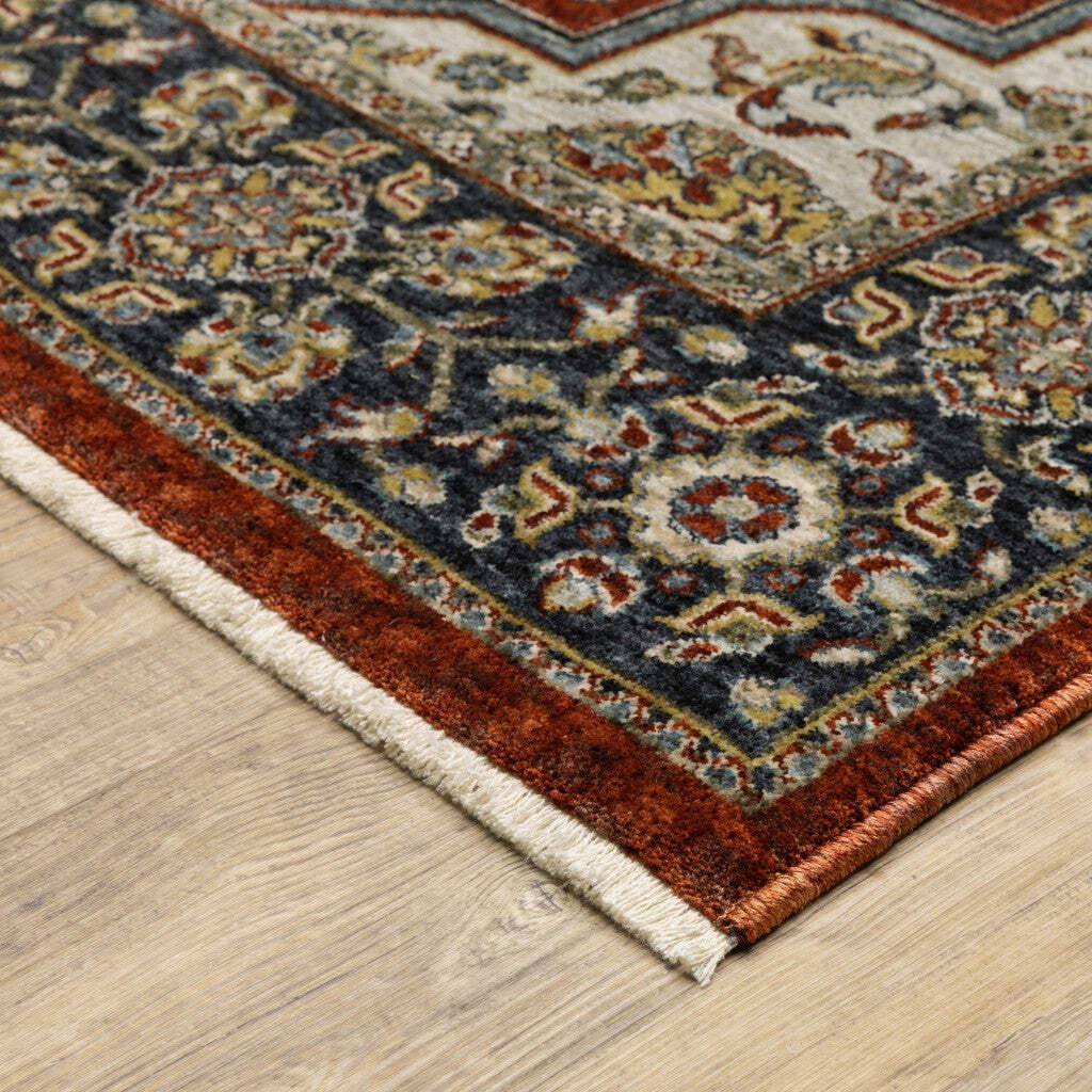 HomeRoots 508085 8 x 11 ft. Red Ivory Blue Navy Gold & Gray Oriental Power Loom Stain Resistant Rectangle Area Rug with Fringe, Rectangular