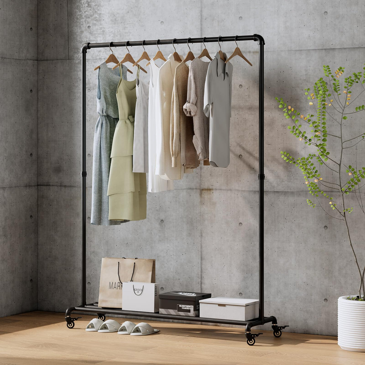 BUZUEY Industrial Pipe Clothing Rack with Wheels,Rolling Garment Rack with Bottom Shelf, Sturdy Metal Clothes Rack for Hanging C