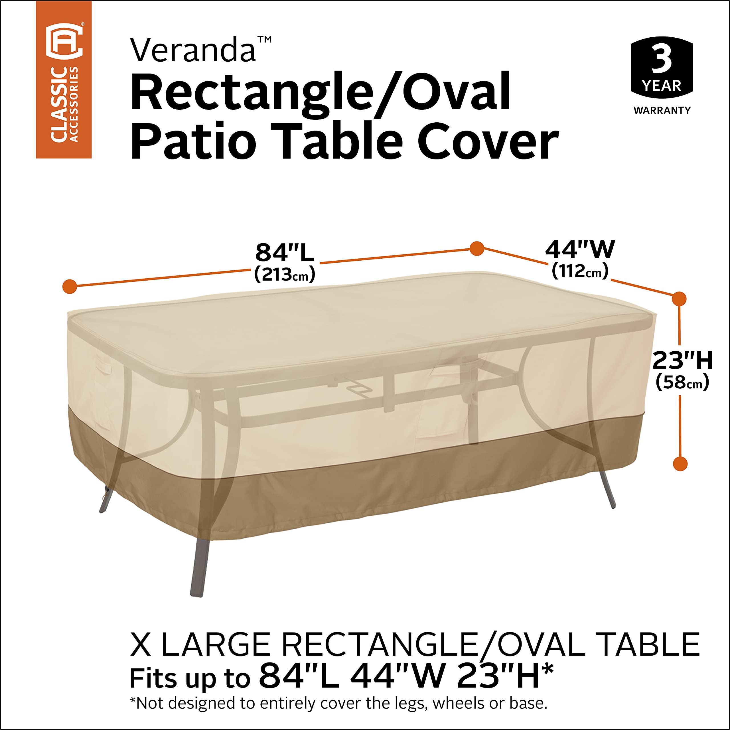 Classic Accessories Veranda Water-Resistant 84 Inch Rectangular/Oval Patio Table Cover, Outdoor Table Cover
