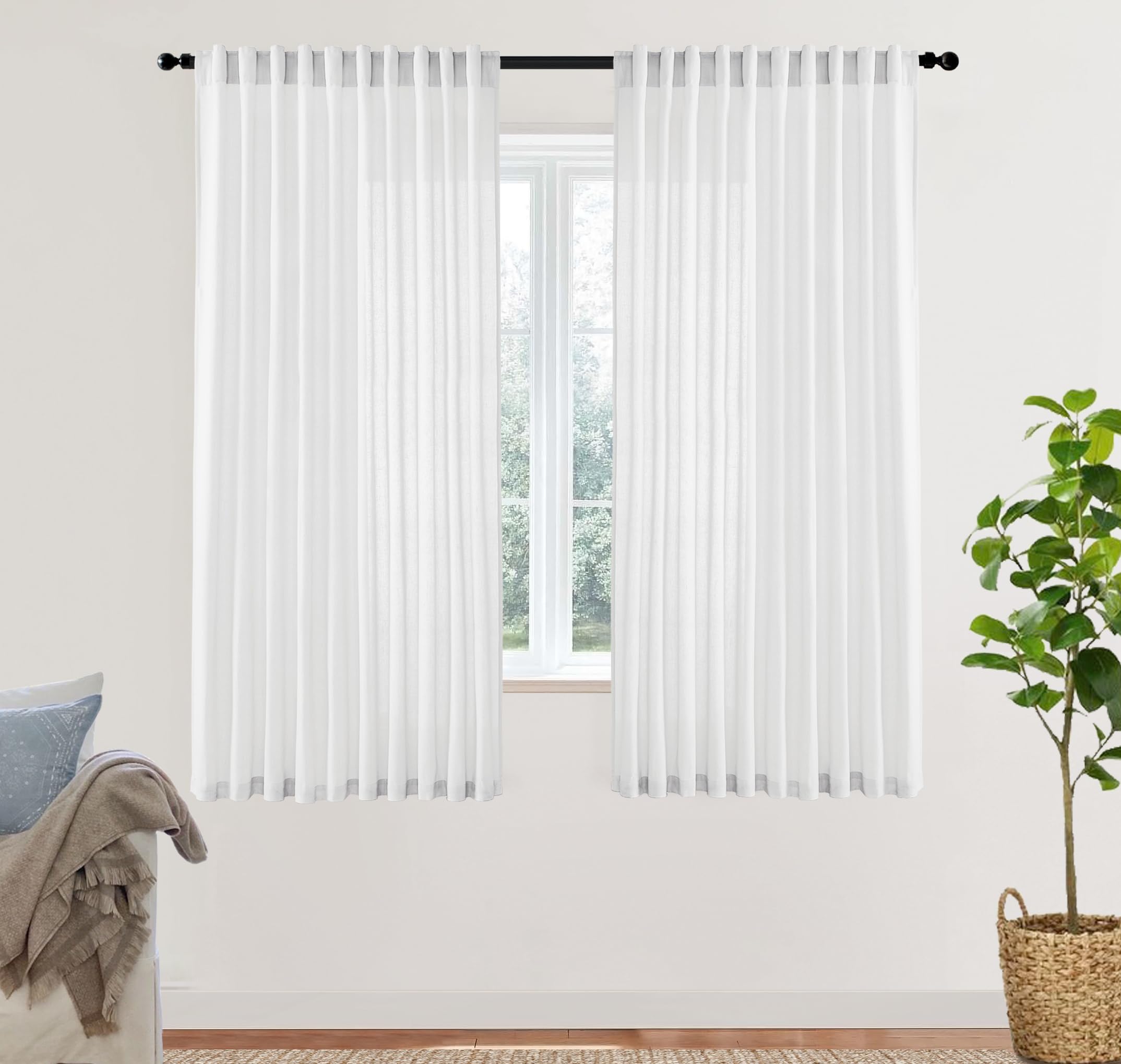 Xtmyi White Back Tab/Hook Belt Linen Cotton Sheer Curtains For Bedroom White 63 Inches Long,2 Panels