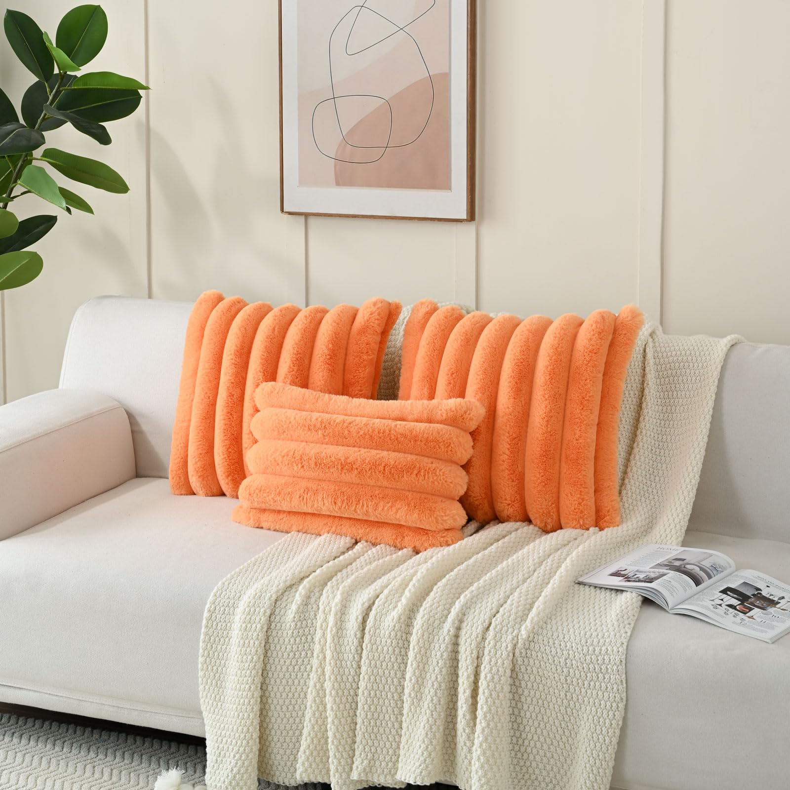Futei Orange Decorative Throw Pillow Covers 26X26 Inch Set Of 2, Square Soft Faux Rabbit Fur Big Striped Pillow Sham,Home Decor