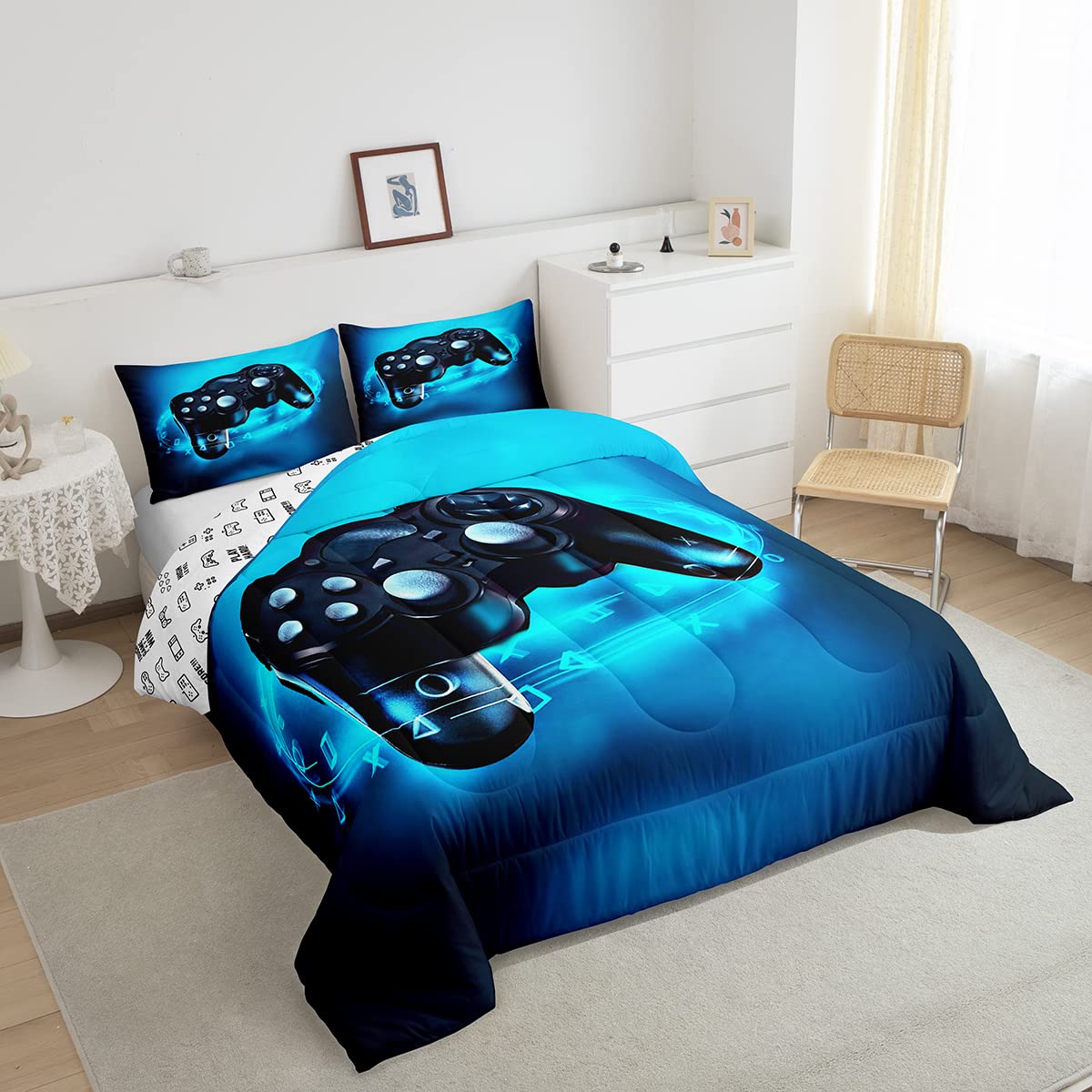 Feelyou Queen Size Gaming Comforter Set For Boys Gamer Bedding Set For Teens Kids Gamer Room Decor Blue Video Games Comforter Du