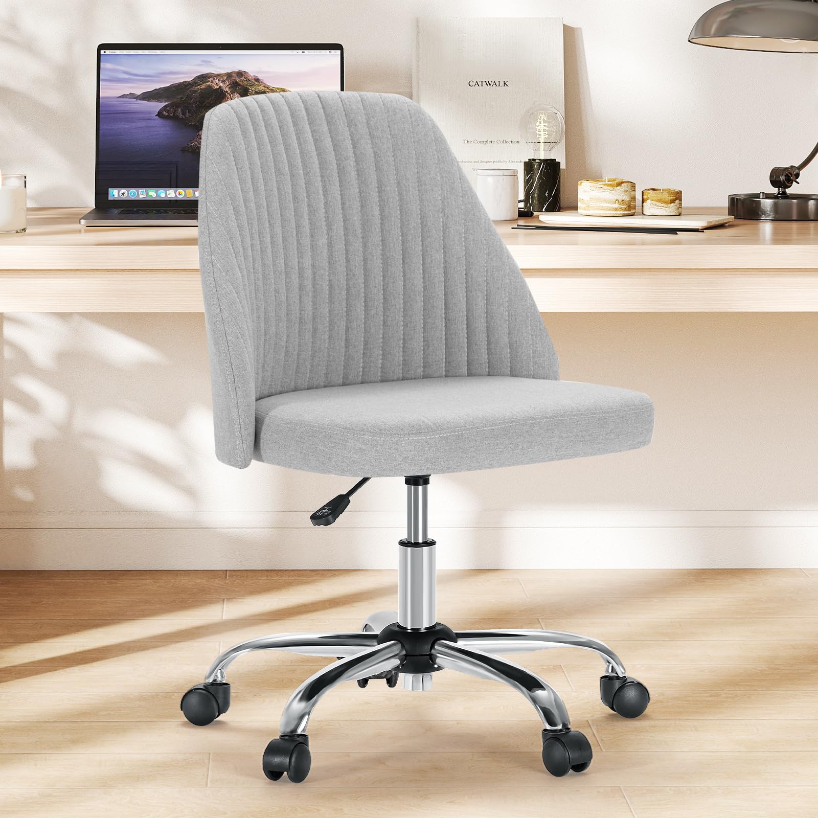 Sweetcrispy Armless Vanity Chair, Cute Comfy Home Office Desk Chair with Wheels, Modern Upholstered Task Computer Seat for Bedro