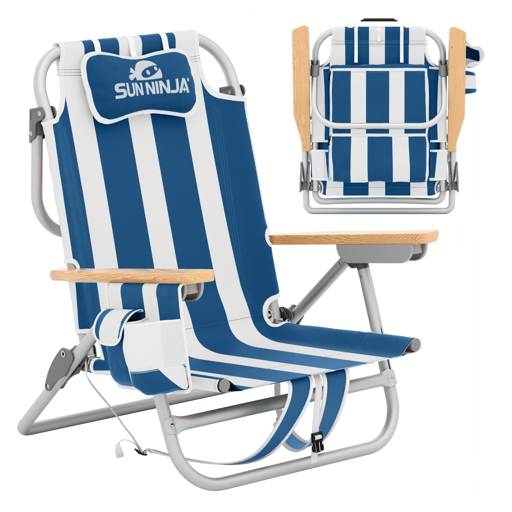 SUN NINJA Beach Chair - Folding Chair for Beach with 5 Reclining Positions, Cup & Phone Holder, Insulated Back Storage Pouch, Po
