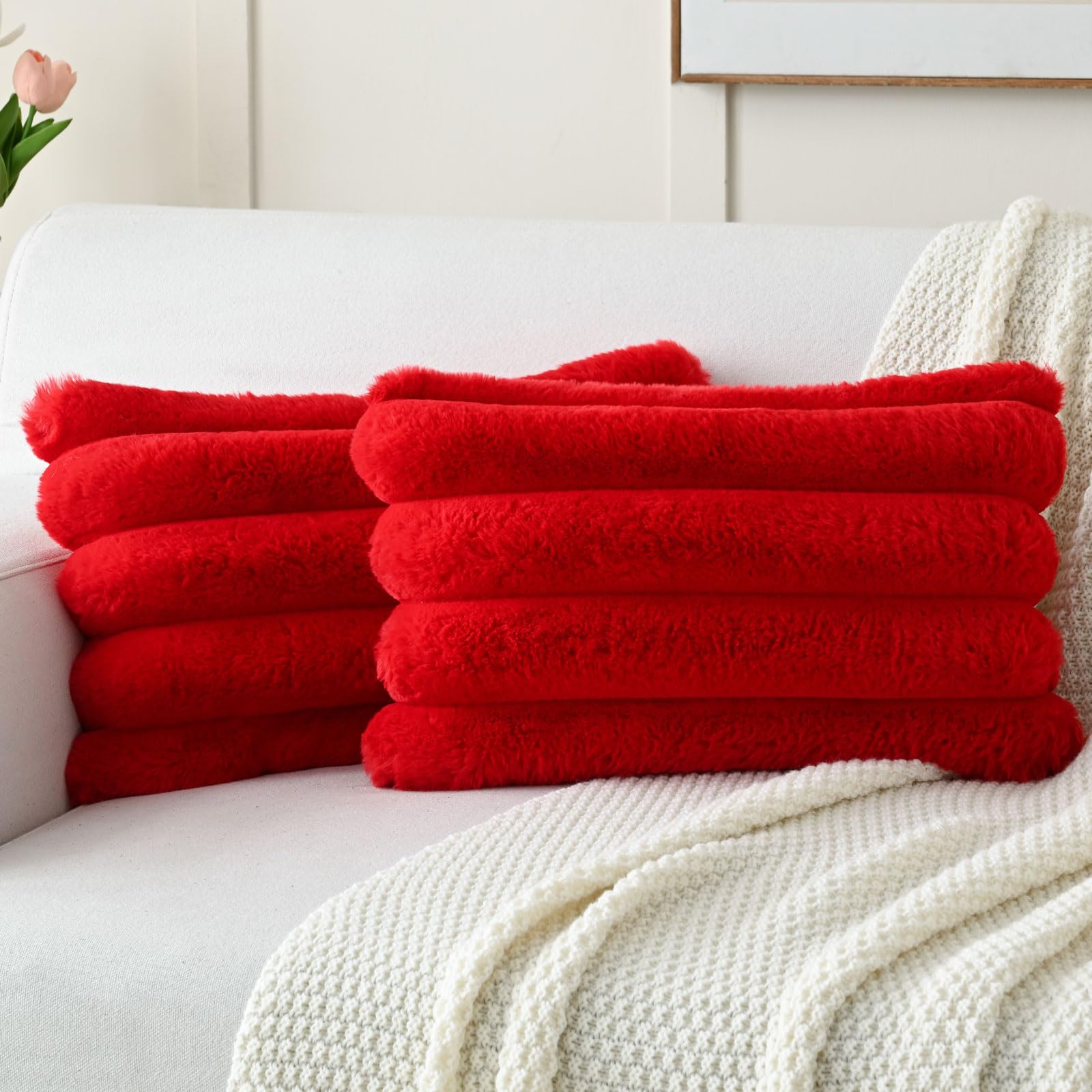 Futei Red Decorative Throw Pillow Covers 12X20 Inch Set Of 2, Square Soft Faux Rabbit Fur Big Striped Cushion Cover,Home Decor F