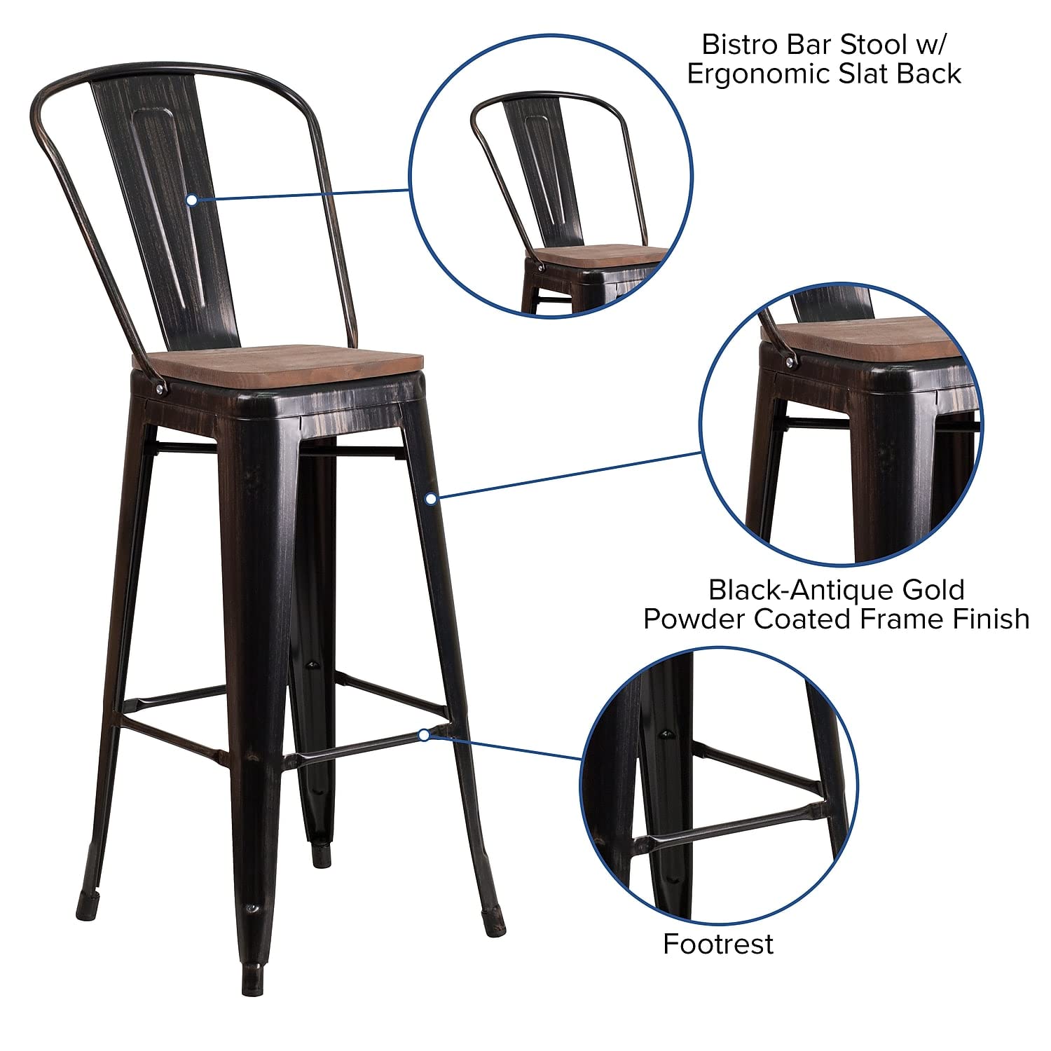 Flash Furniture Lily 30&quot; High Black-Antique Gold Metal Barstool with Back and Wood Seat