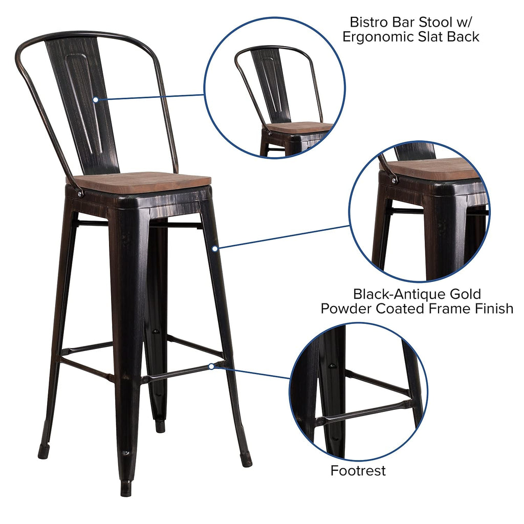 Flash Furniture Lily 30" High Black-Antique Gold Metal Barstool with Back and Wood Seat