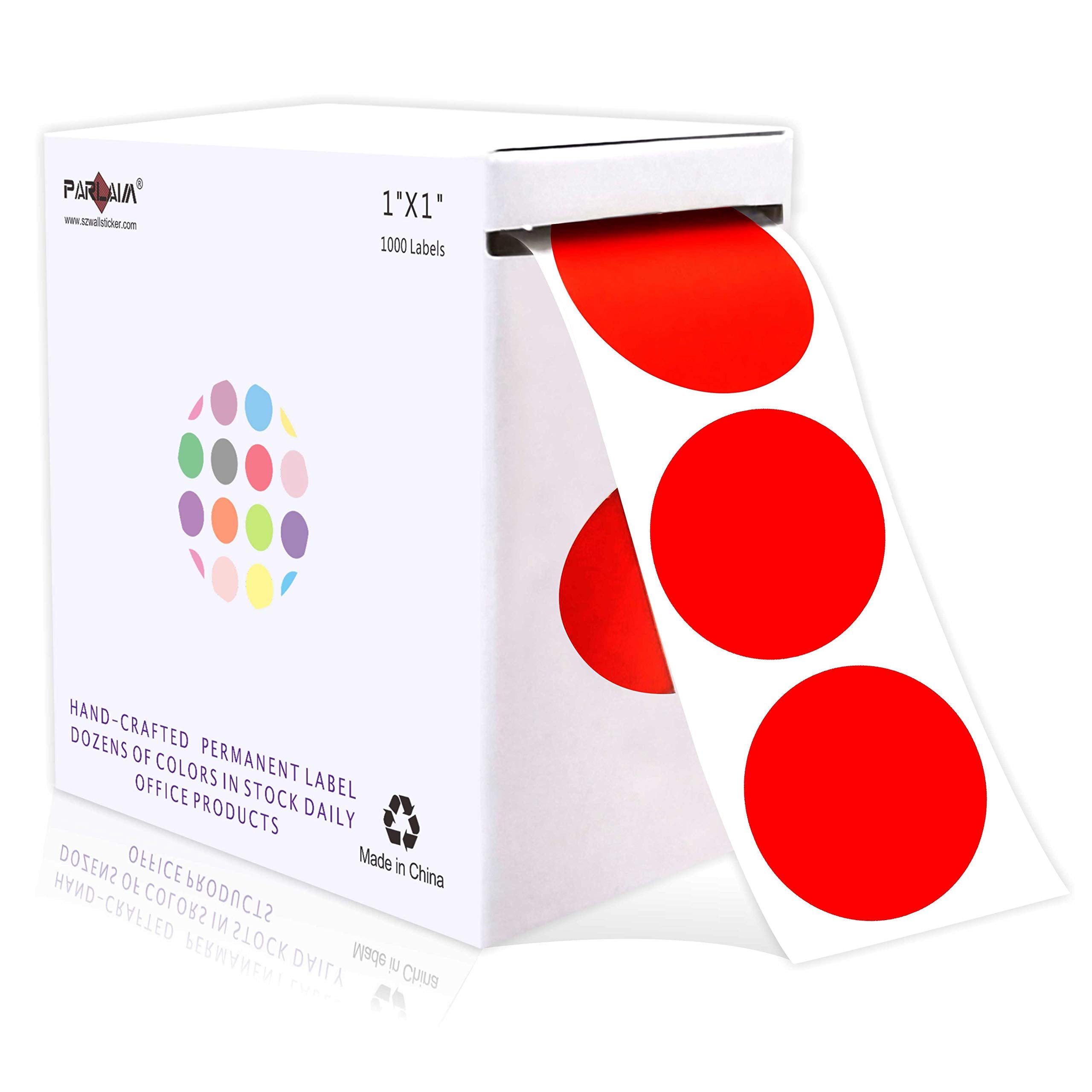 Parlaim 1 Inch Round Permanent Adhesive Color-Code Dot Stickers,1000 Per Roll Dots Label Dispenser Box,Red Circle Stickers Label