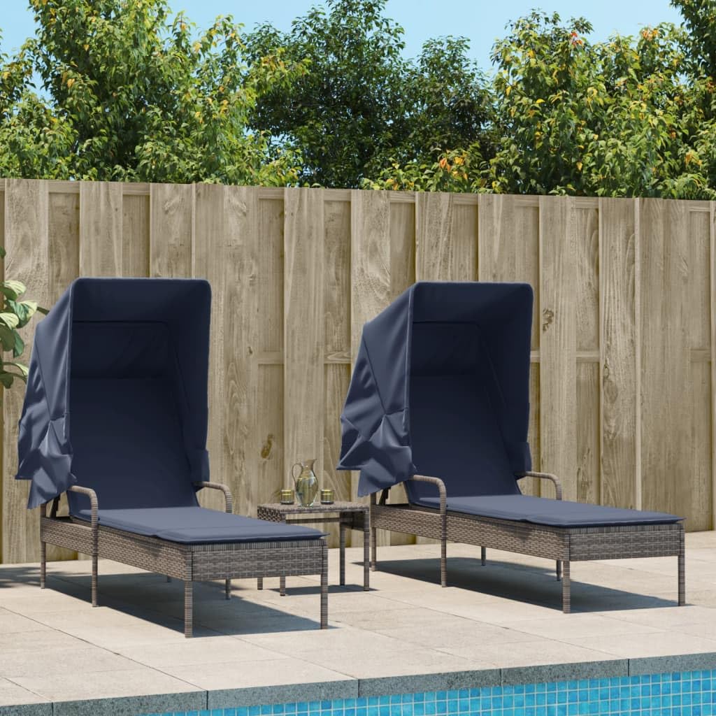 vidaXL Sun Loungers with Retractable Canopy and Table - Gray Poly Rattan Outdoor Recliners with Adjustable Backrest & Navy Blue Cushions - Perfect for Patio, Garden, Deck