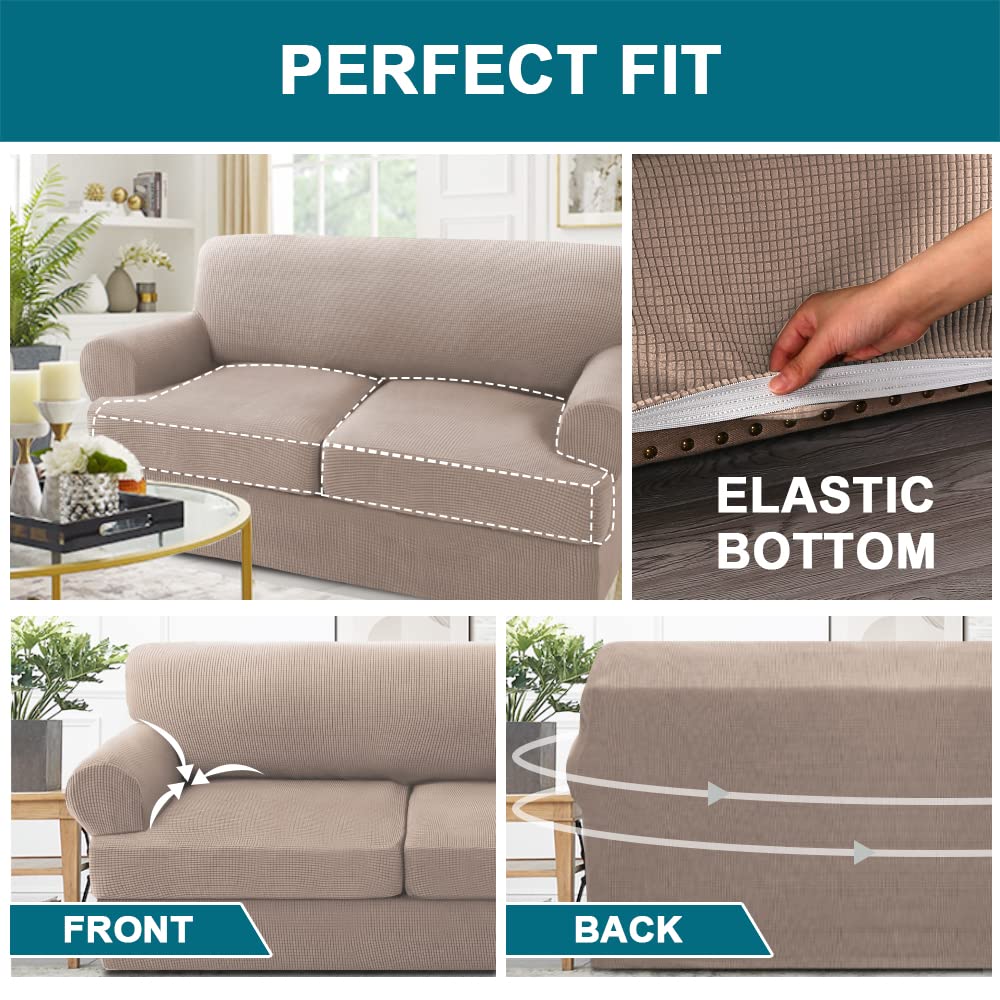 Turquoize 3 Piece T Cushion Loveseat Slipcovers Sofa Cover For 2 Cushion Couch Cover Washable Sofa Slip Cover Furniture Covers With 2 Individual T Cushion Seat Covers (2 Cushion Loveseat, Sand)