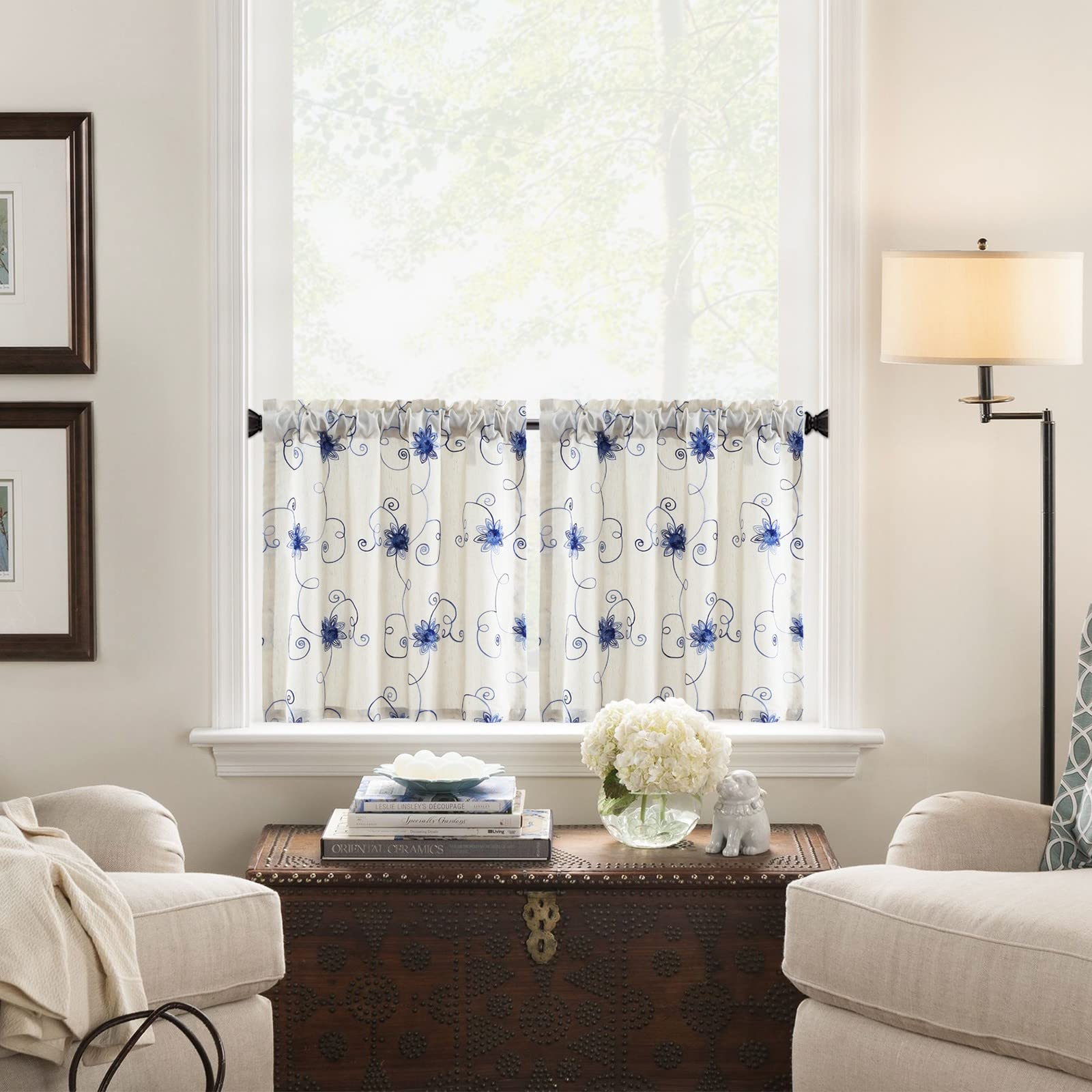 Vogol Cafe Tier Curtains, Farmhouse Blue Flowers & Vines Embroidered Short Kitchen Curtain Tiers For Living Room Small Window, 3