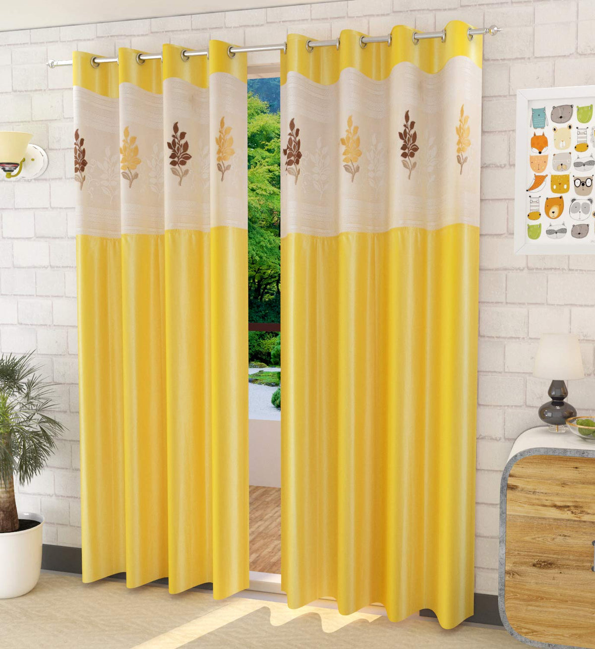Kiara Creations Polyester Floral Net Patch Curtains for Window 5 Feet (Pack of 1) Yellow