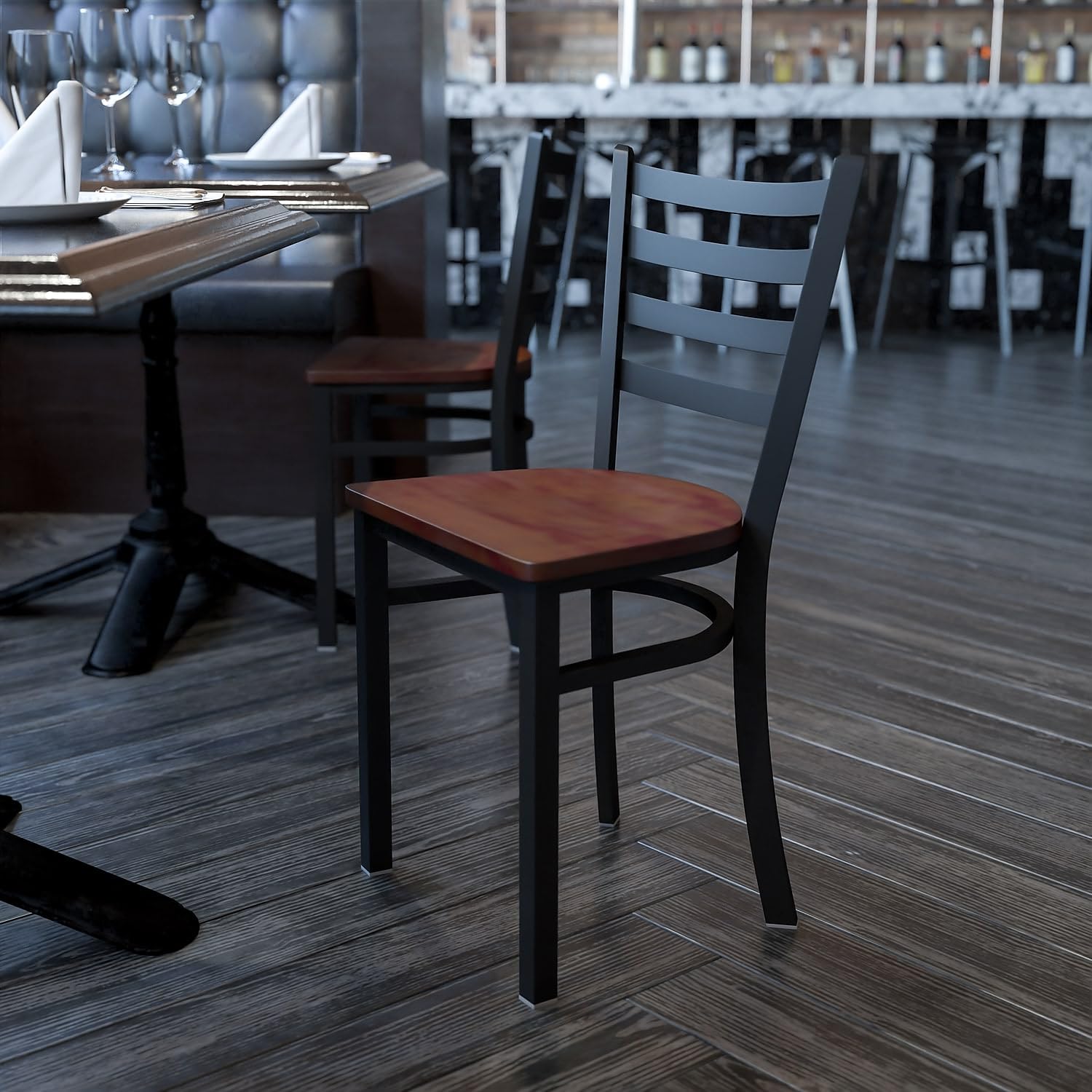 Flash Furniture HERCULES Series Black Ladder Back Metal Restaurant Chair - Cherry Wood Seat