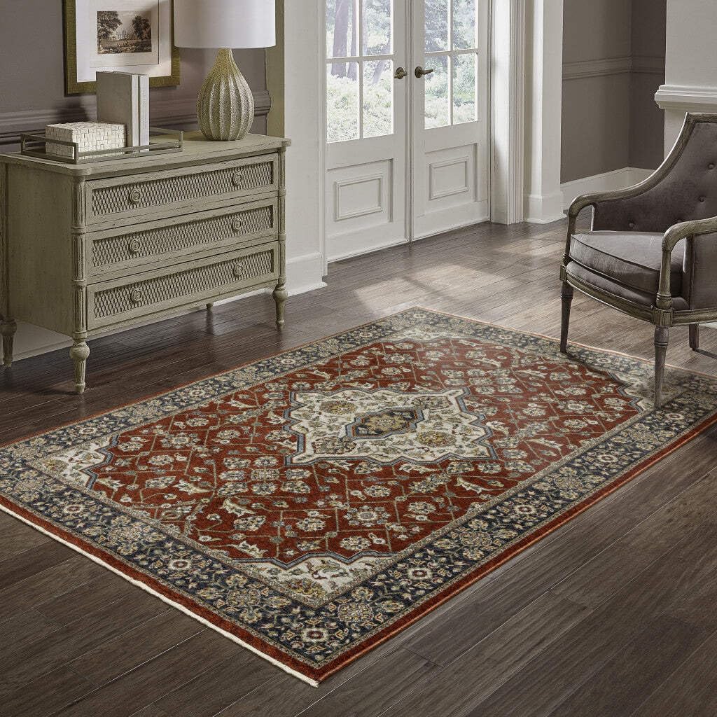 HomeRoots 508085 8 x 11 ft. Red Ivory Blue Navy Gold & Gray Oriental Power Loom Stain Resistant Rectangle Area Rug with Fringe, Rectangular