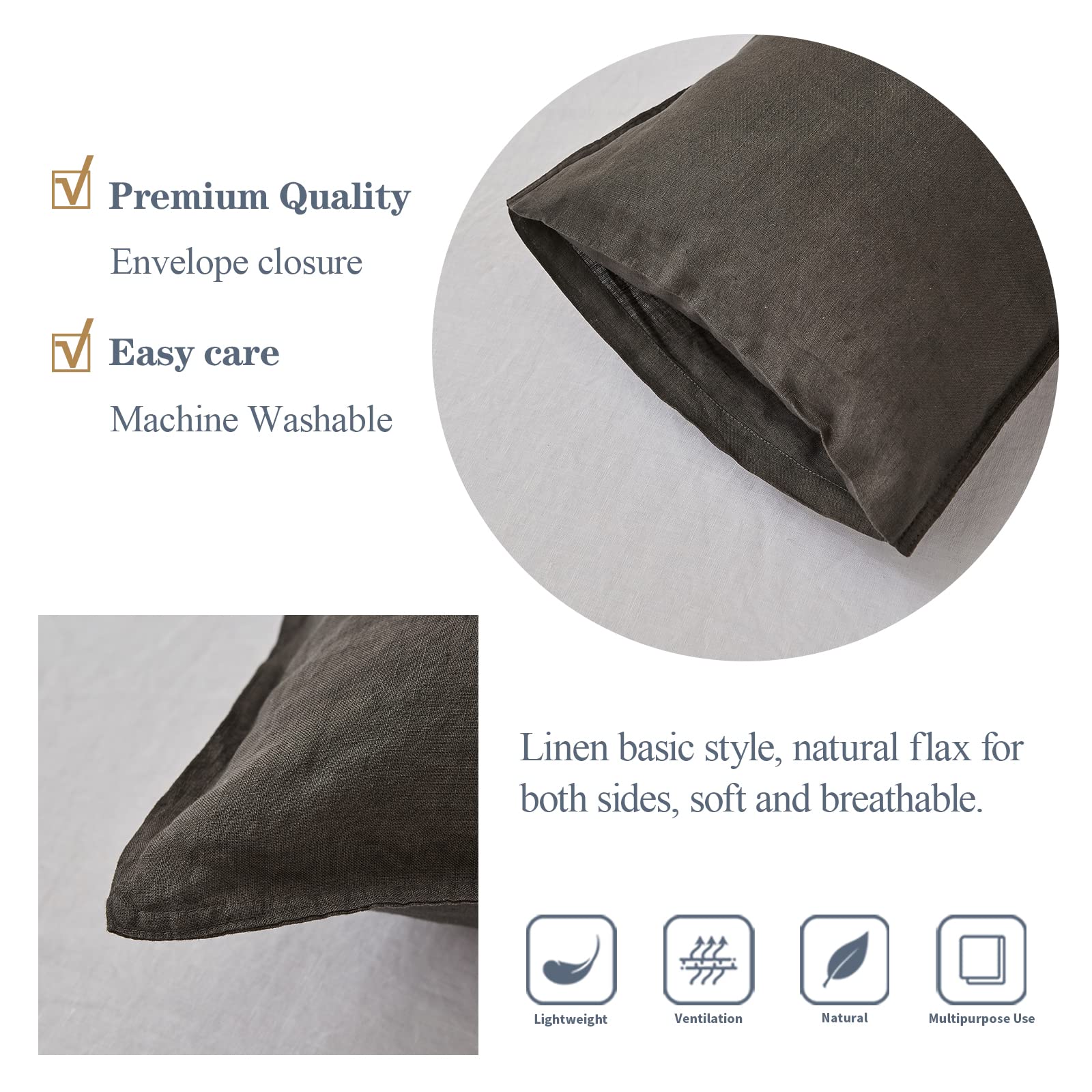 Simple&Opulence 100% Linen Lumbar Pillow Cover 12 X 20 Inches Set Of 2 Rectangular Decorative Throw Cushion Cover For Couch Sofa Bed Living Room Office Soft Breathable Farmhouse - Dark Grey