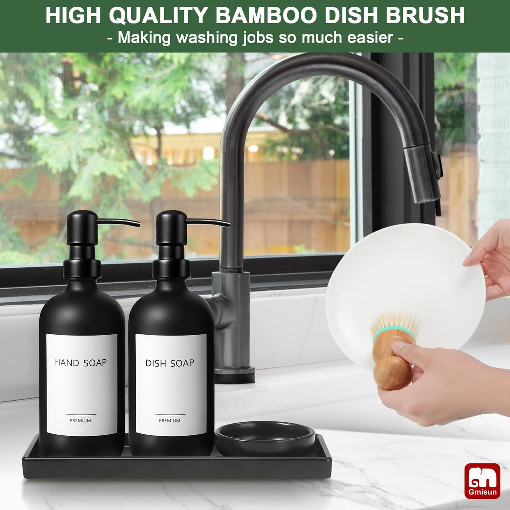 Gmisun Kitchen Soap Dispenser Set, 16 Oz Hand And Dish Soap Dispenser With Ceramic Tray & Bamboo Dish Brush, 2 Pack Matte Black