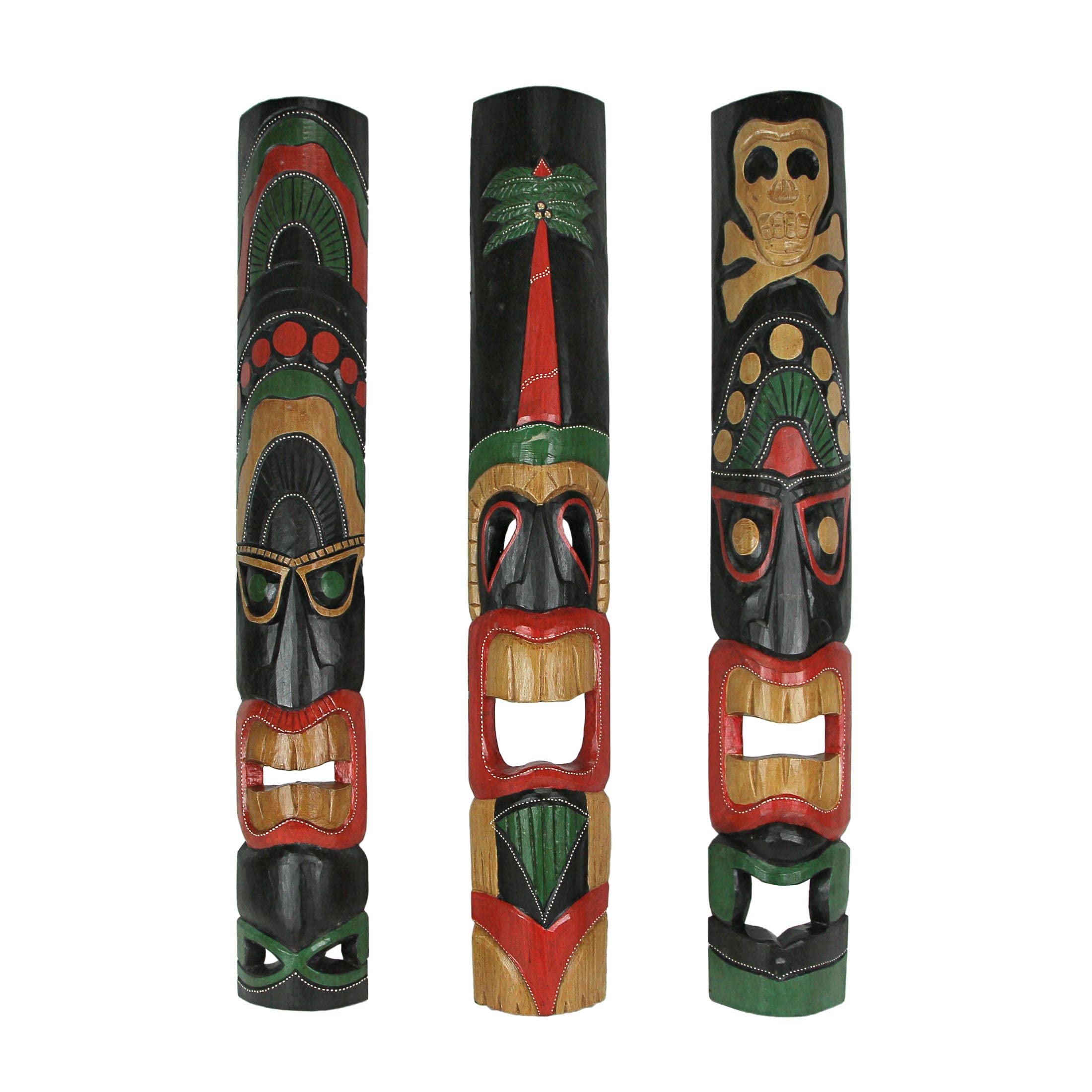 Set of 3 Hand Carved Polynesian Style Tiki Wall Hanging Masks - Unique 39.5-Inch Carvings for Home, Patio, or Tiki Bar Decor - H