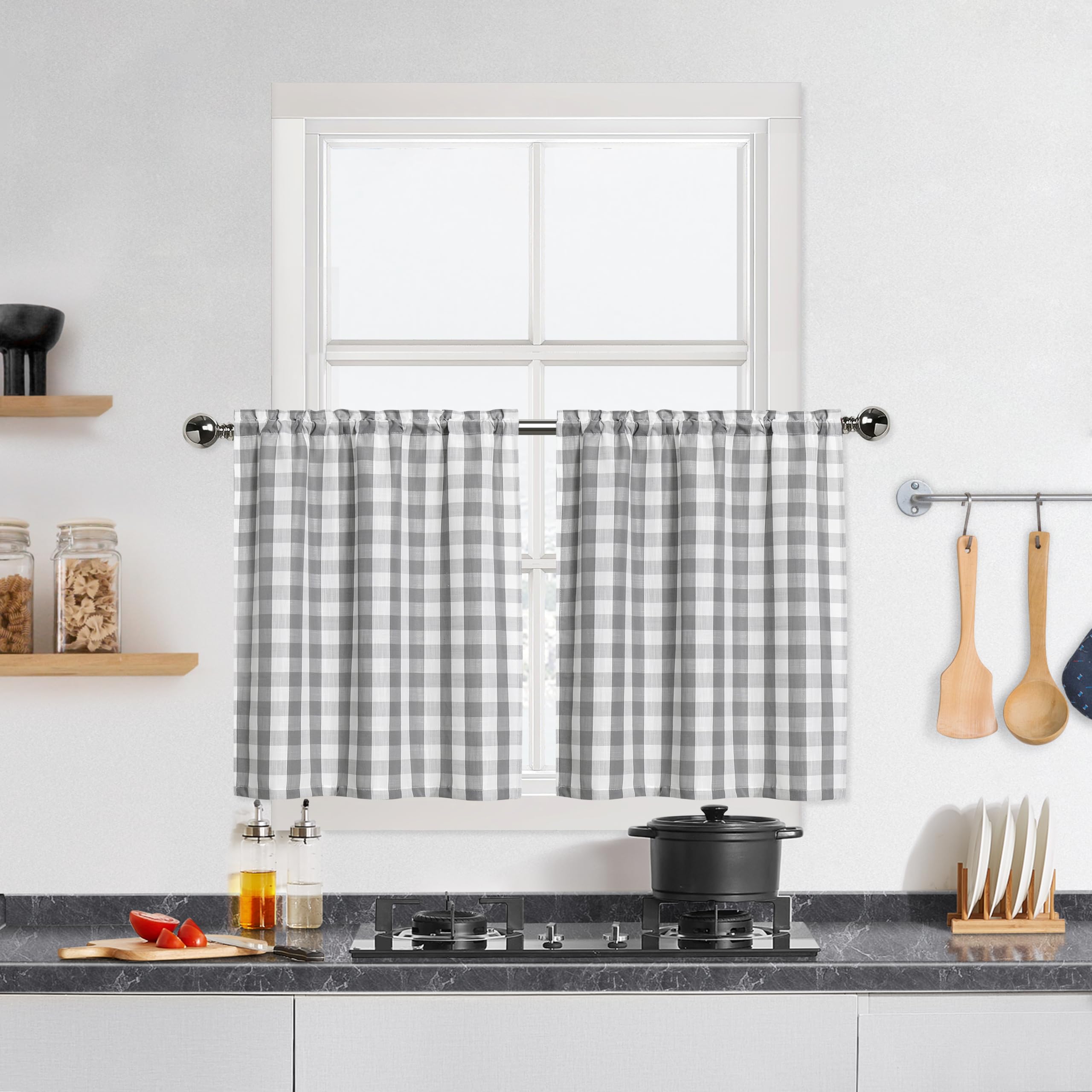 Buffalo Plaid Cafe Curtains 36 Inches Long, Gray And White Buffalo Check Kitchen Tier Curtains, Gingham Rod Pocket Short Tier Cu