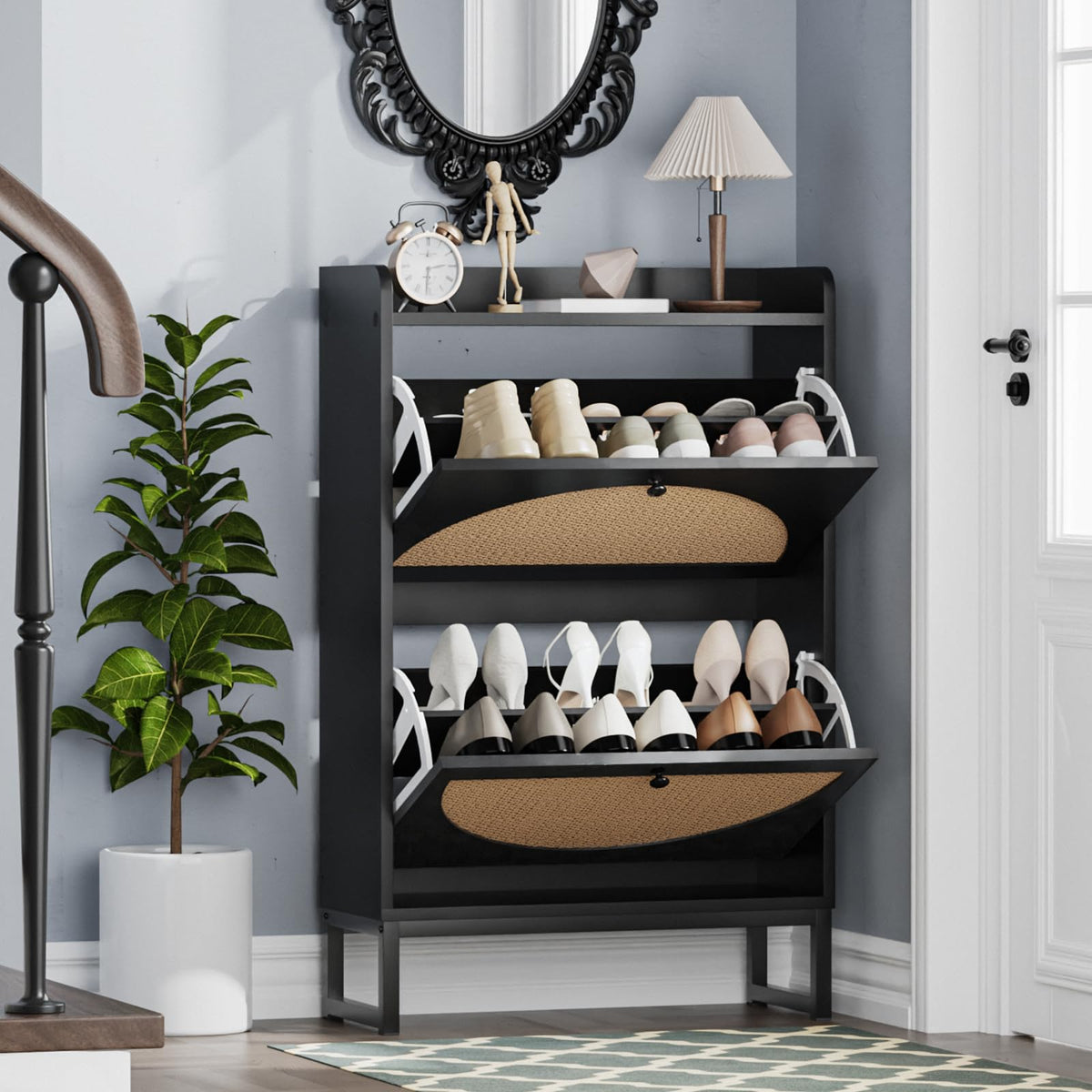 KFO Shoe Cabinet with 2 Handmade Natural Rattan Flip Drawers, Entryway Shoe Rack Storage Organizer for Sneakers, Slippers, Free 