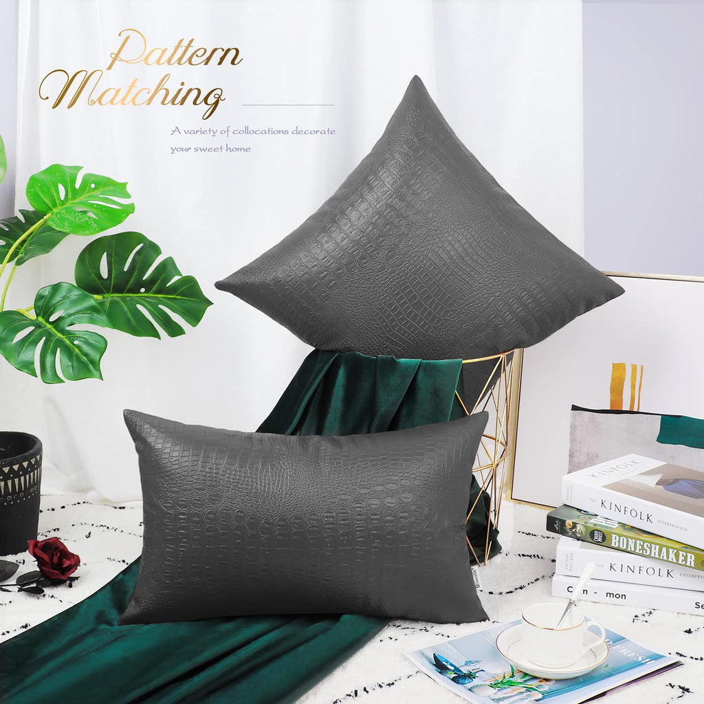 Brawarm Faux Leather Pillow Covers 16 X 16 Inches, Charcoal Gray Leather Pillow Covers Pack Of 2, Crocodile Leather Decorative T