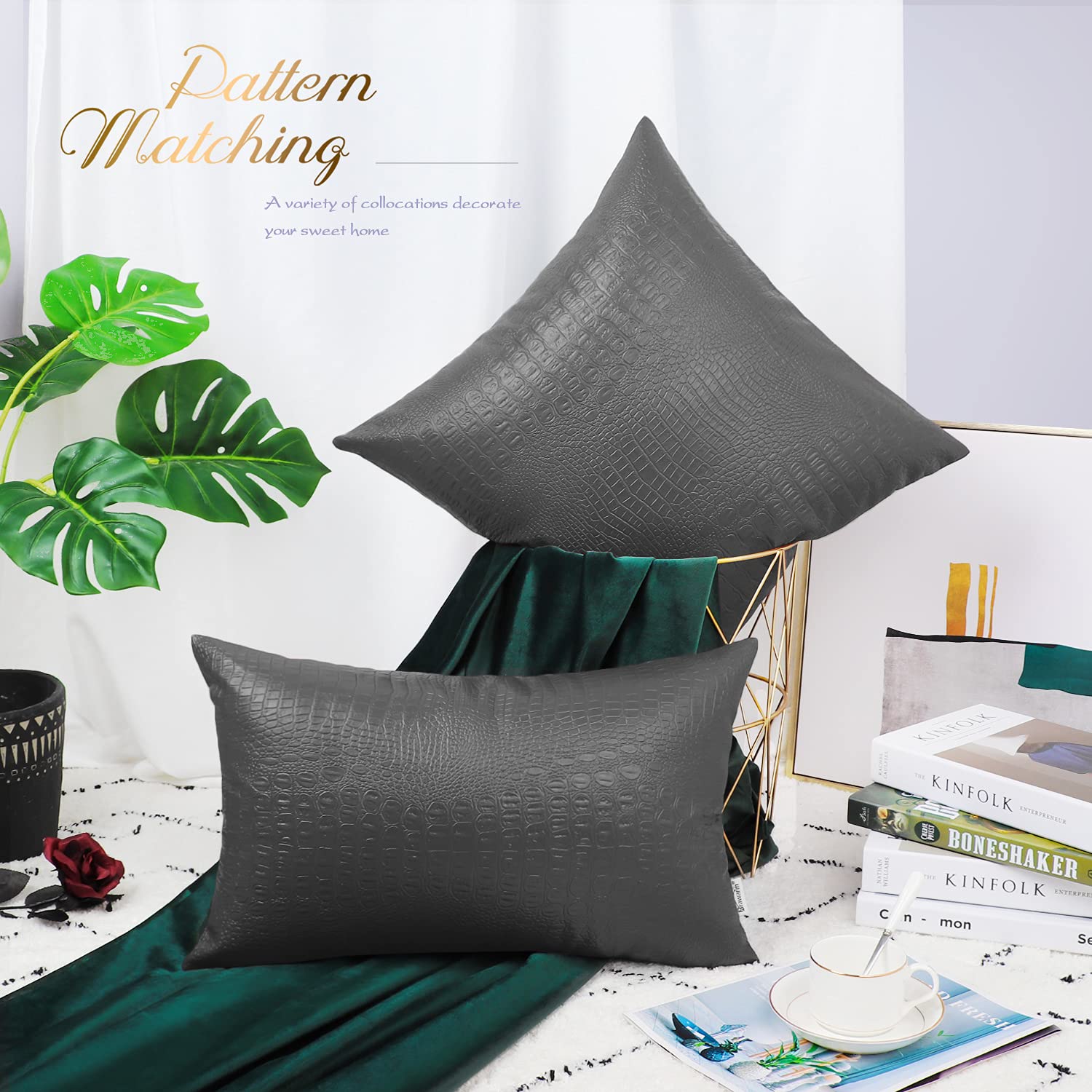 Brawarm Faux Leather Pillow Covers 20 X 20 Inches, Charcoal Gray Leather Pillow Covers Pack Of 2, Crocodile Leather Decorative T