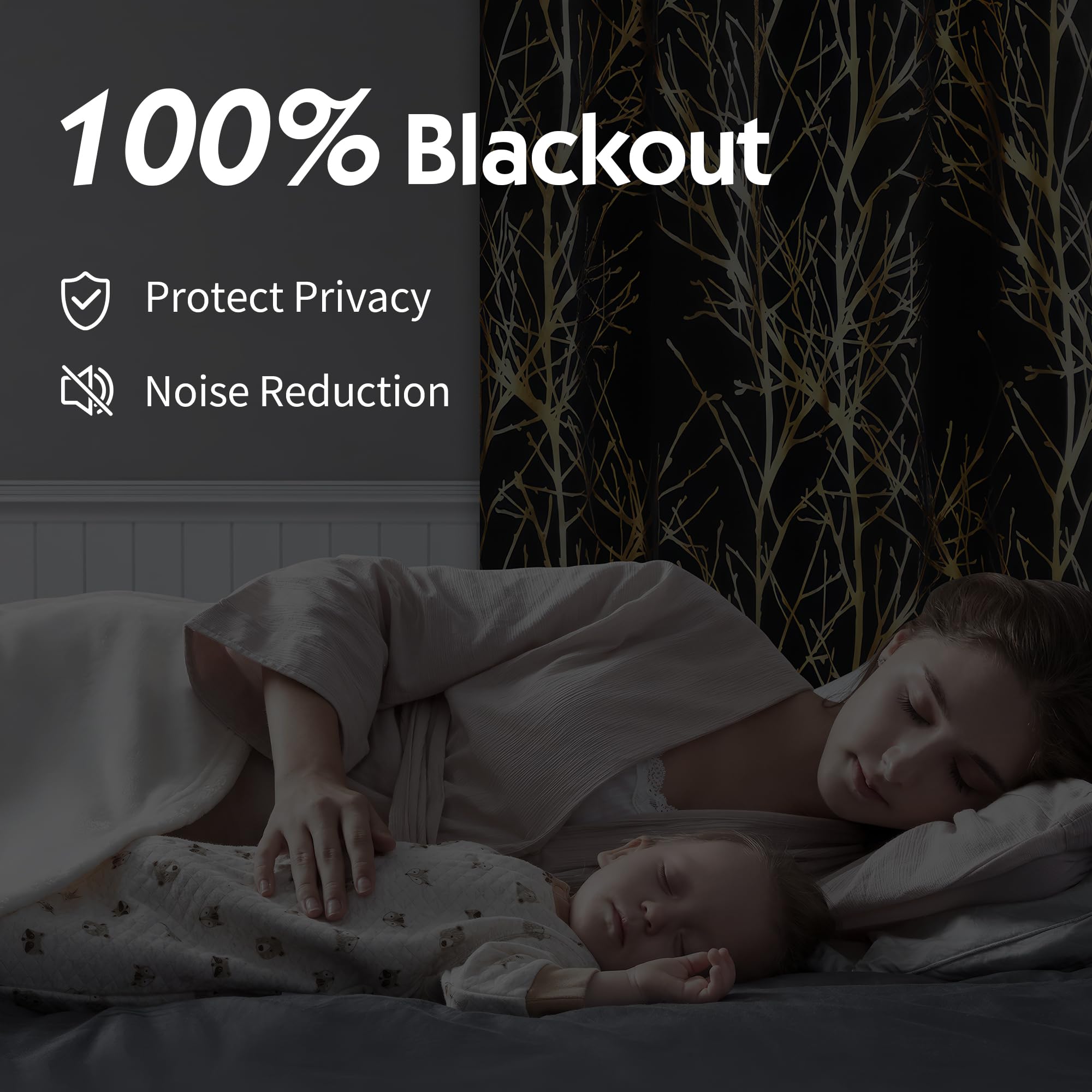 Fmfunctex 100% Blackout Curtains For Bedroom, Gold Foil On Black Curtains 84 Inches Long Curtains For Living Room, Metallic Tree