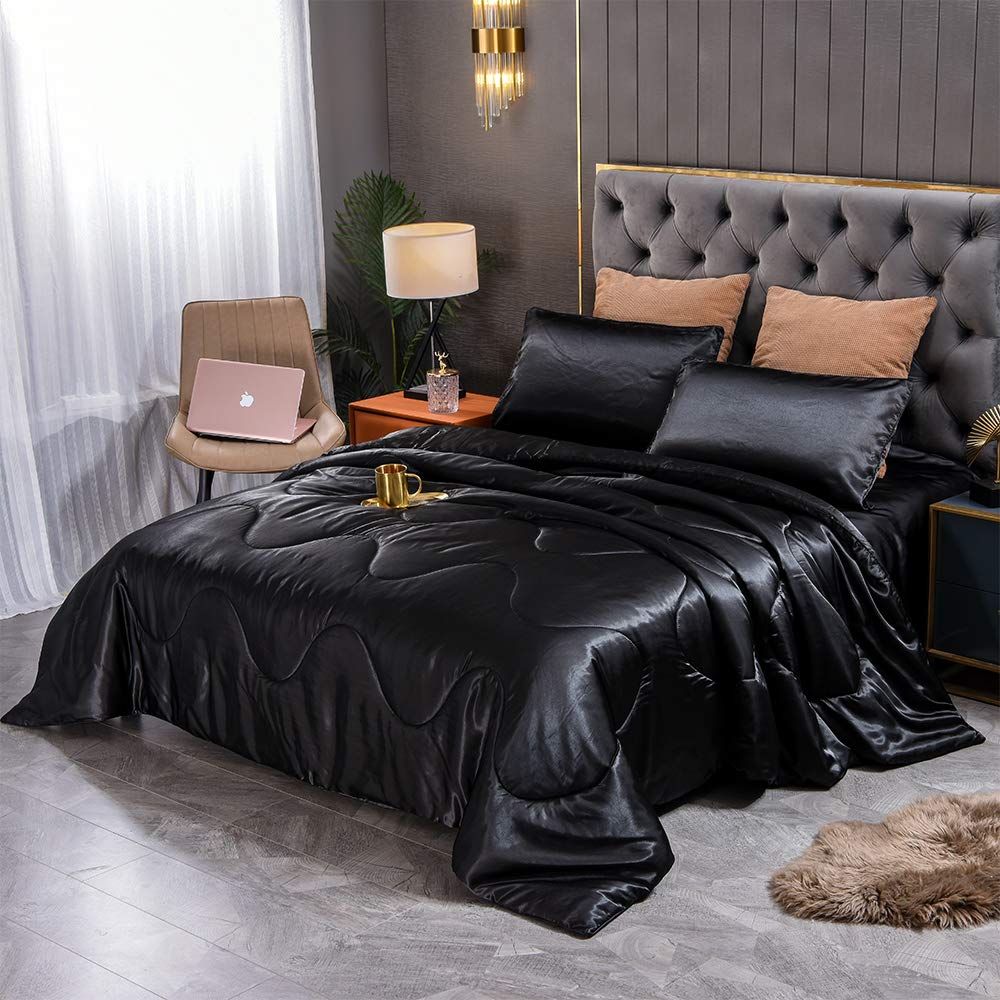 Sisher Satin Comforter Set Queen Size, Black Silk Bedding Set With 2 Pillowcases, Luxury Comforter Bed Sets For Man Woman