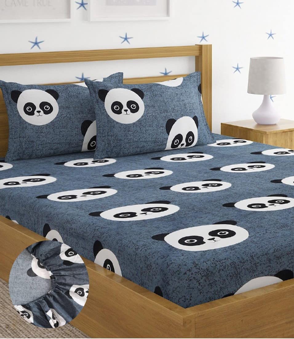 Home Sizzler 144 Tc Microfibre KidS Panda Elastic Fitted Double Bedsheet (72X78 Inch) With 2 King Size Pillow Covers