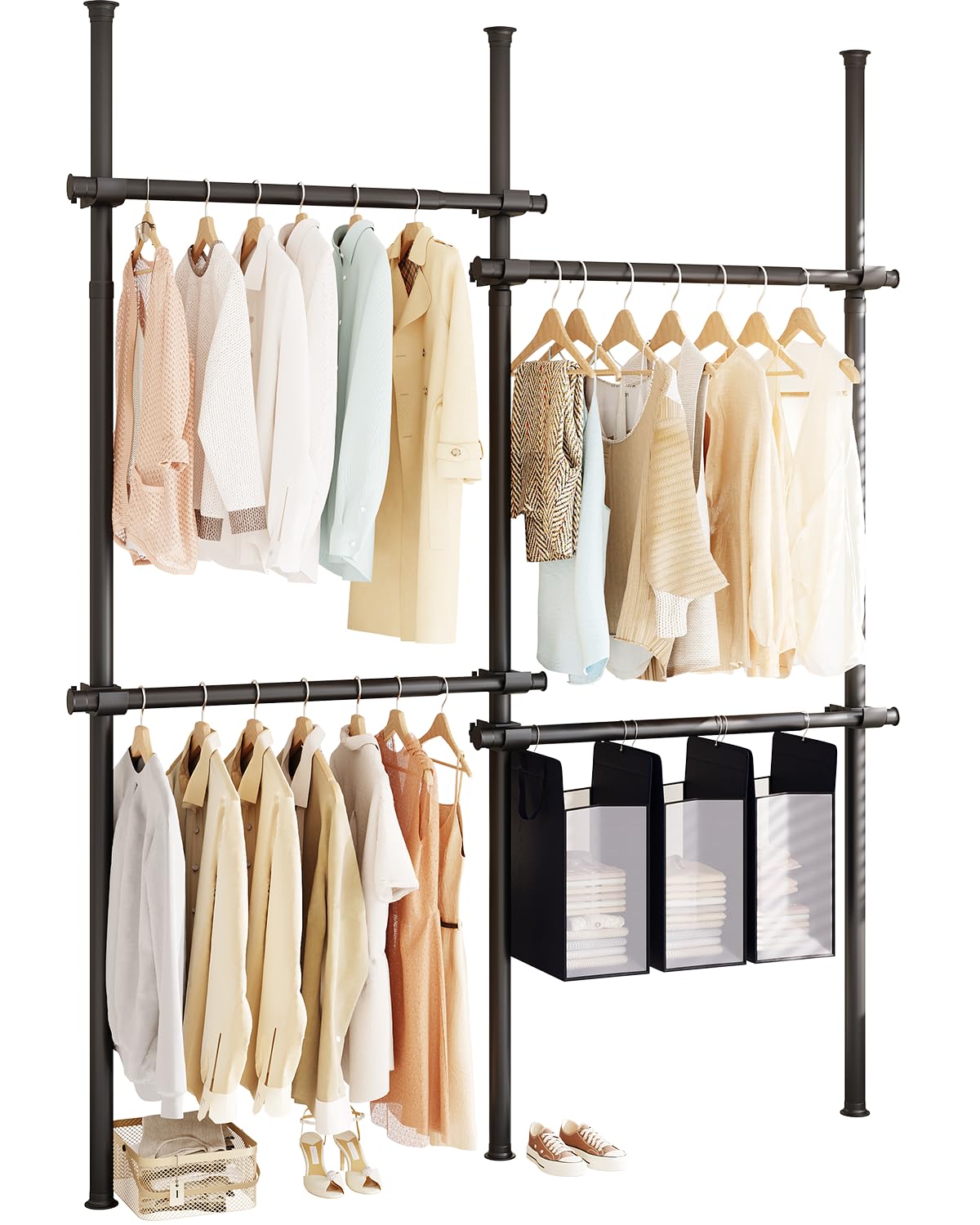 VELORGEMANE FloortoCeiling Clothes Rack with 3 Laundry Hampers, HeavyDuty Adjustable Closet Organizer, Modular Wardrobe Stora