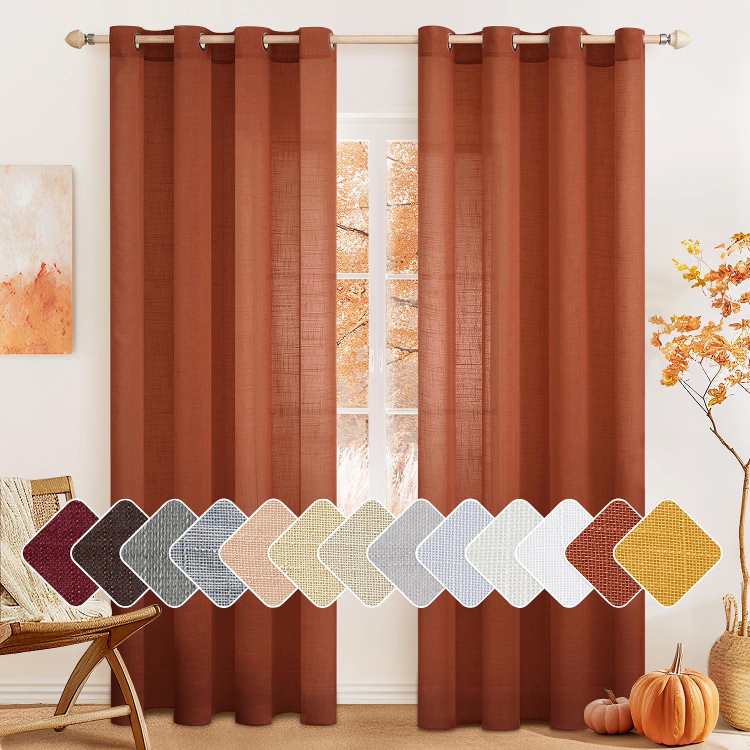 MIULEE Burnt Orange 2 Panels 90 Inch Long Farmhouse Linen Sheer Window Curtains Elegant Terracotta Rust Fall Drapes Grommet Top 