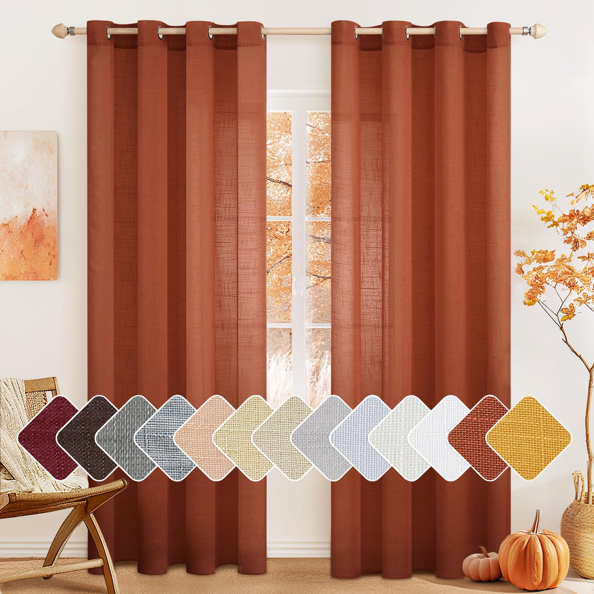 Miulee Burnt Orange 2 Panels 96 Inch Long Farmhouse Linen Sheer Window Curtains Elegant Terracotta Rust Fall Drapes Grommet Top