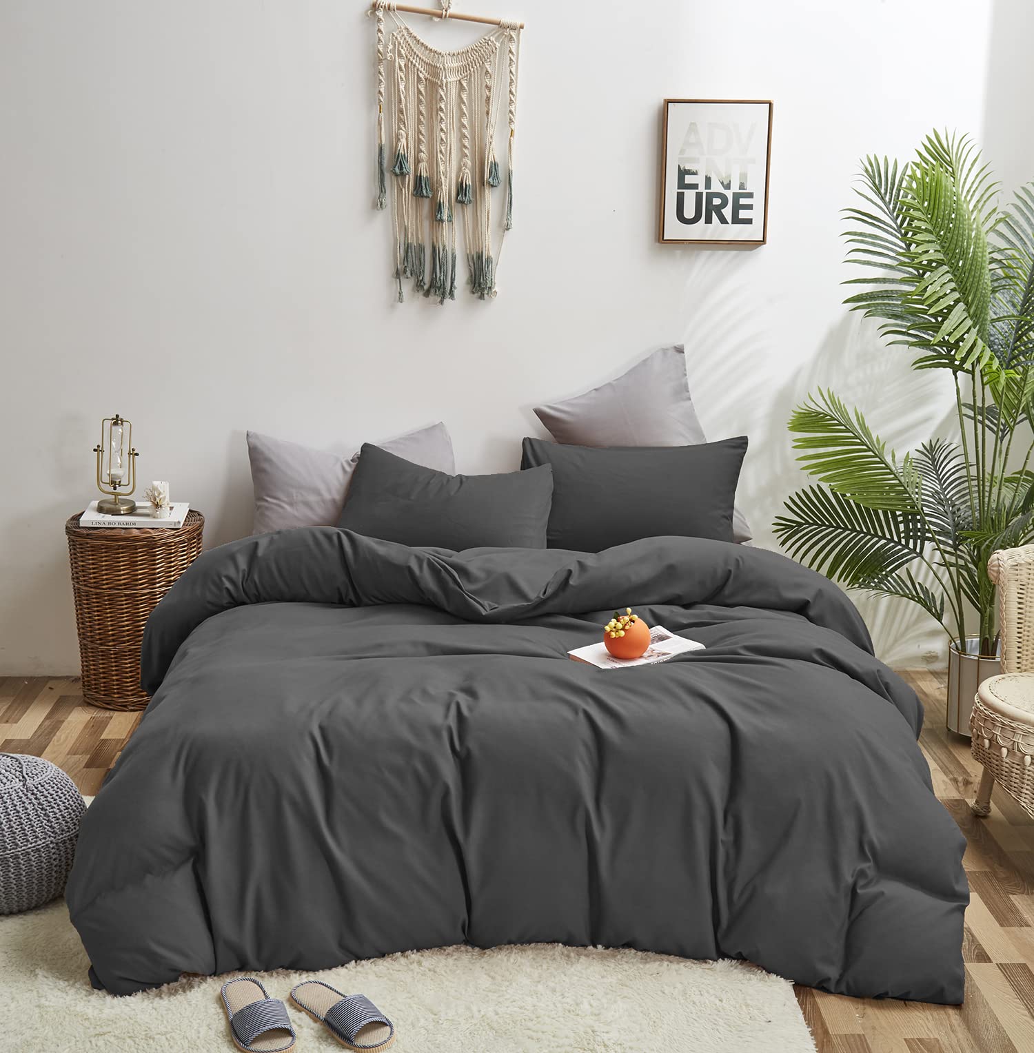 KAREVER Deep Grey Comforter Set Queen Dark Gray Bedding Set Teens Adult Solid Gray Color Bedding Set 3 Pieces with 2 Pillowcases