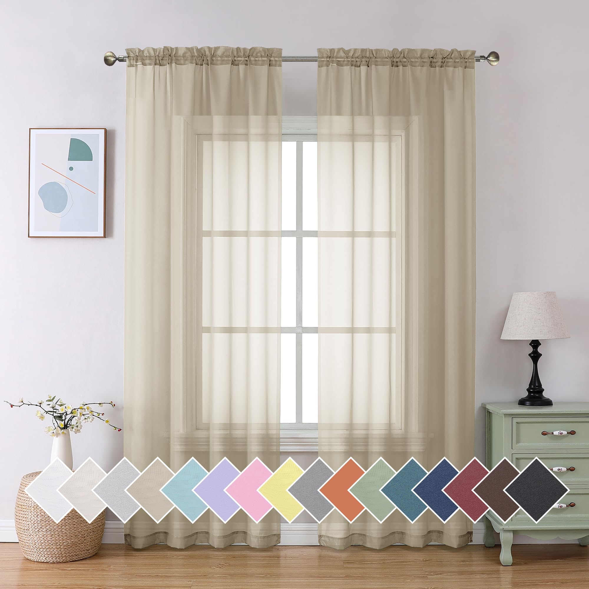 Aiyufeng Taupe Sheer Curtains 84 Inches Long 2 Panels Set, Semi Transparent Voile Rod Pocket Sheer Window Drapes For Bedroom Bed