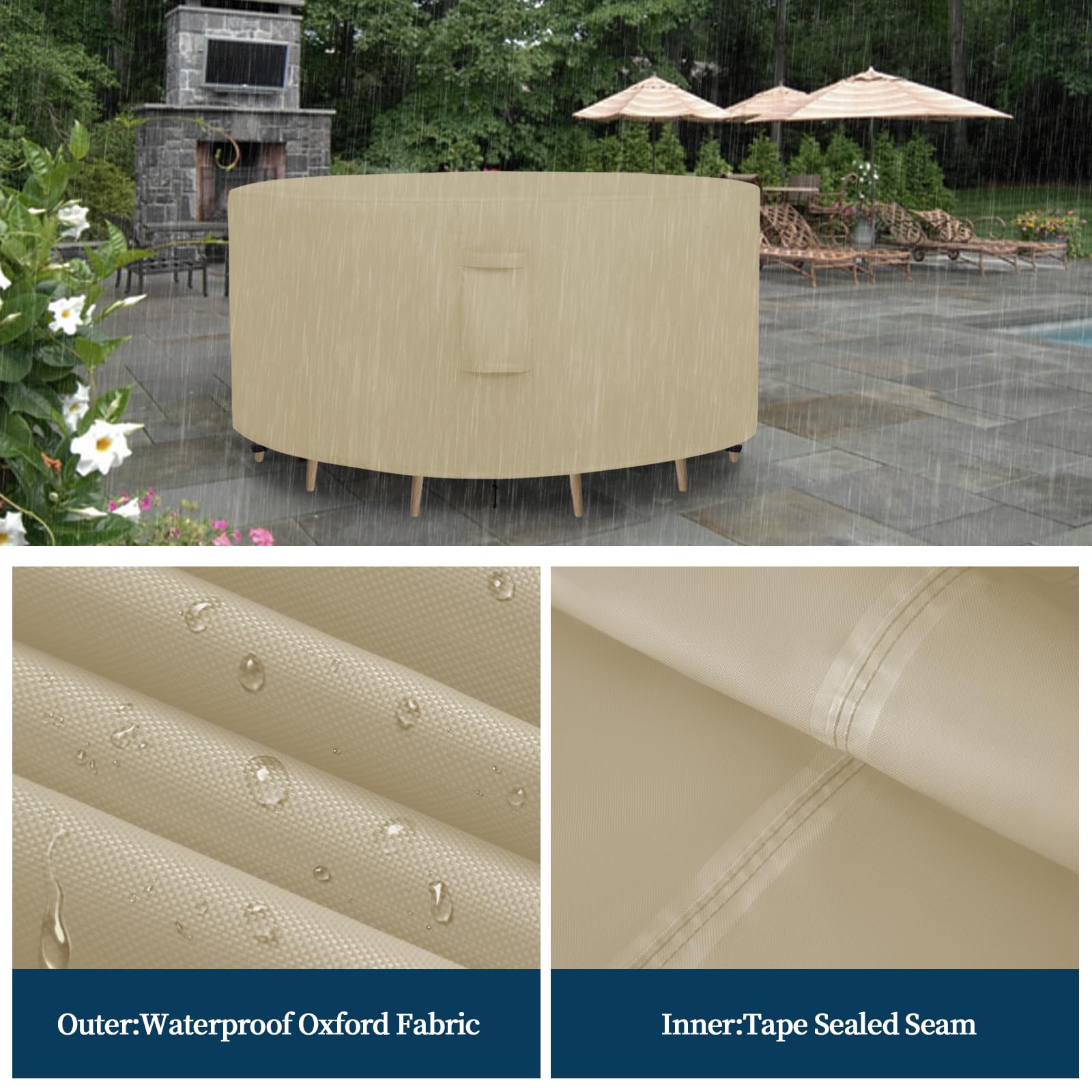 Easy-Going Round Patio Furniture Cover Waterproof Outdoor Dining Table And Chair Cover Anti-Uv Outside Sectional Sofa Set Covers (72'Dia X 28'H, Camel)