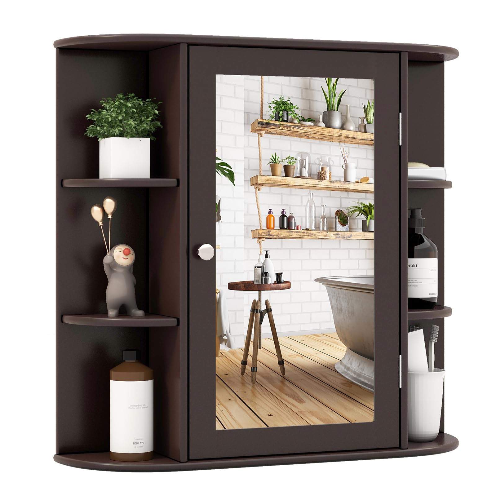 Tangkula Bathroom Medicine Cabinet with Mirror, Wall Mounted Home Storage with Door & 6 Open Shelves, Adjustable Shelves, Mirror